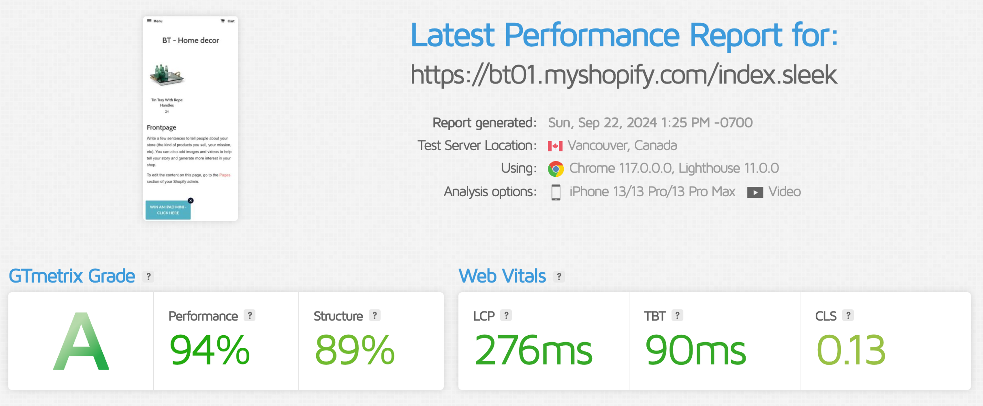 Sleeknote GTMetrix page speed results