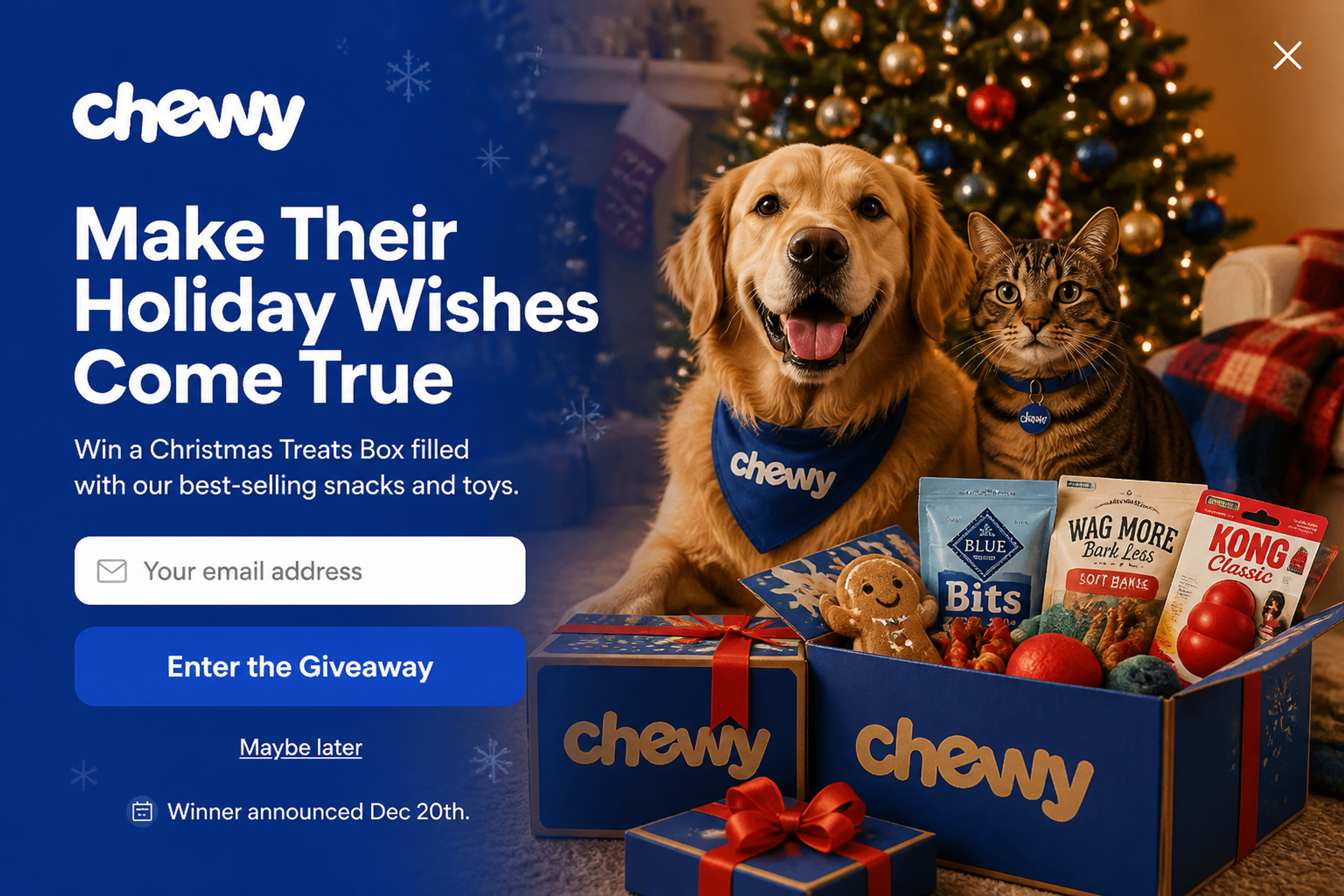 Fullscreen Christmas giveaway popup offering a holiday treats box for pet owners