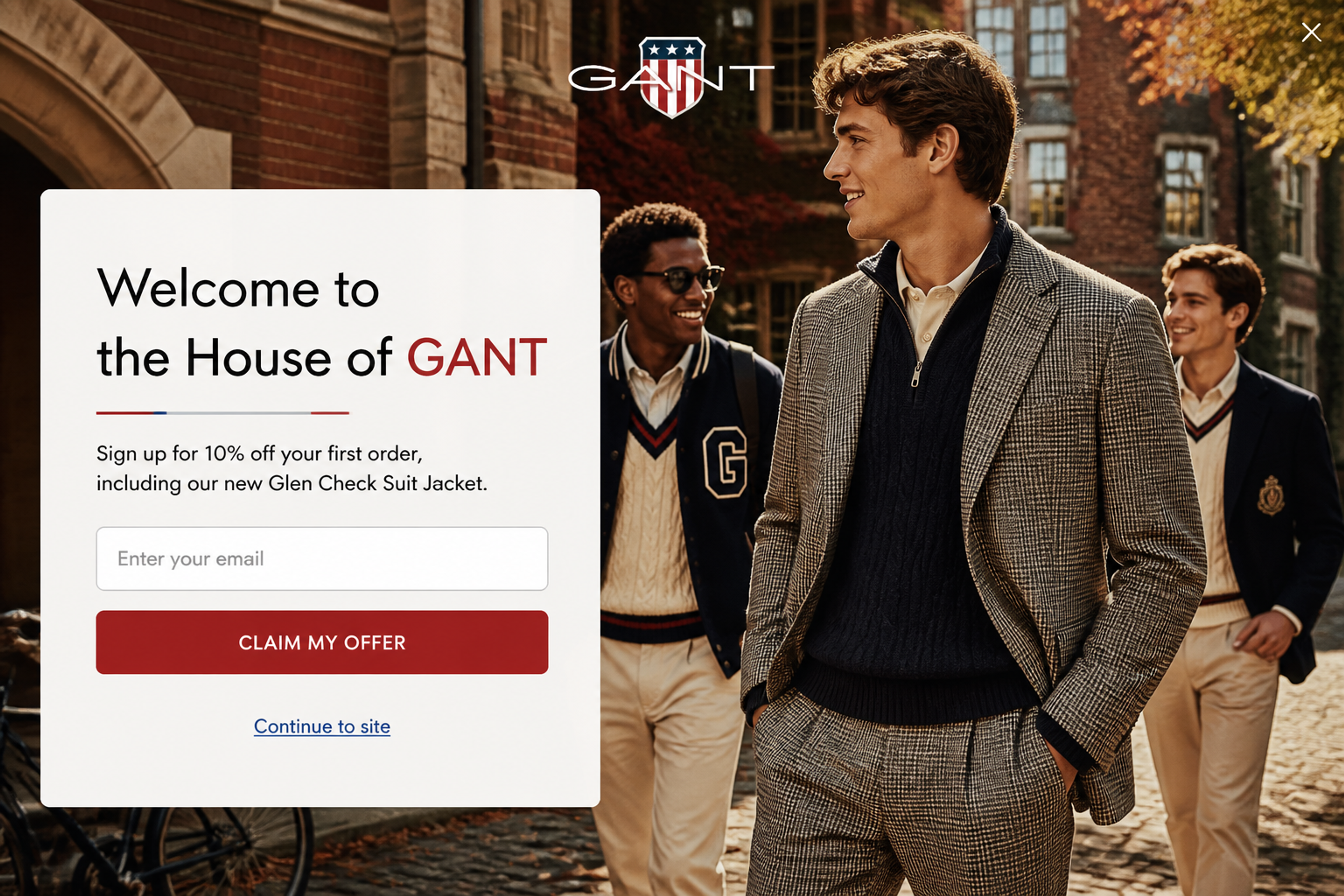 Fullscreen fashion welcome popup with the headline "Welcome to the House of GANT" and 10% off