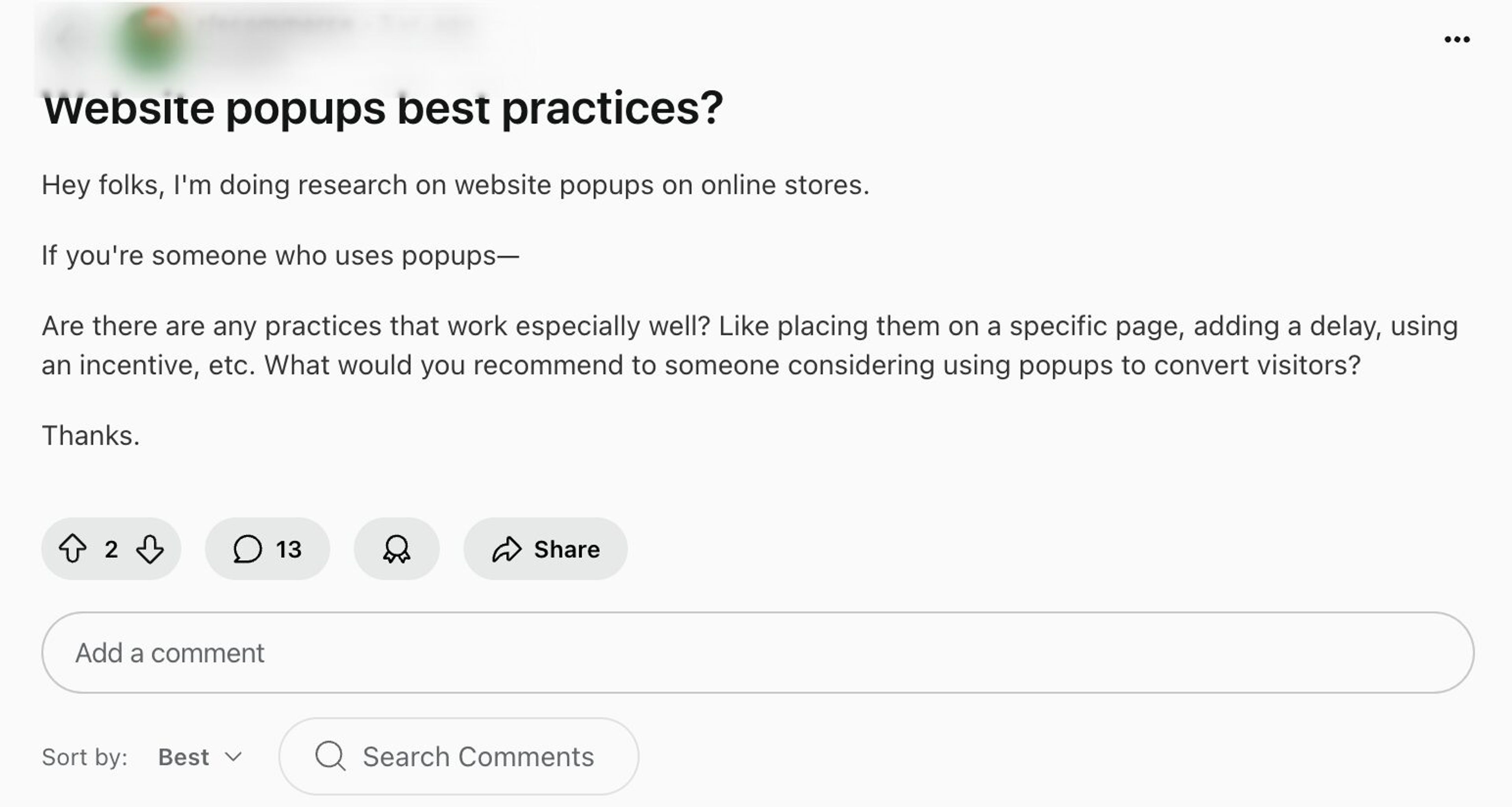 Reddit user looking for popup best practices
