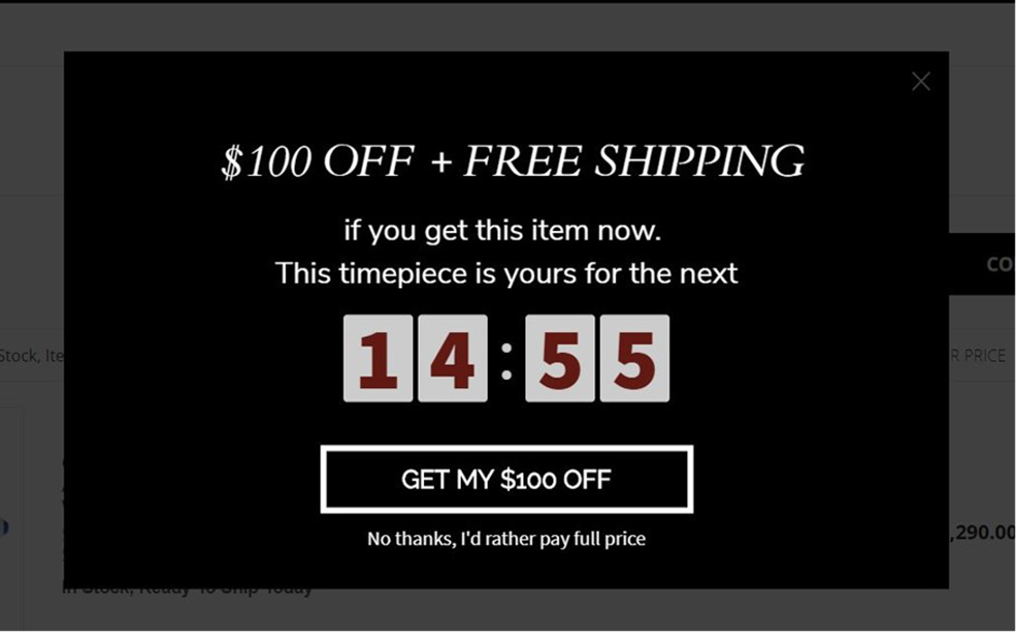 Swisswatchexpo.com cart abandonment popup example