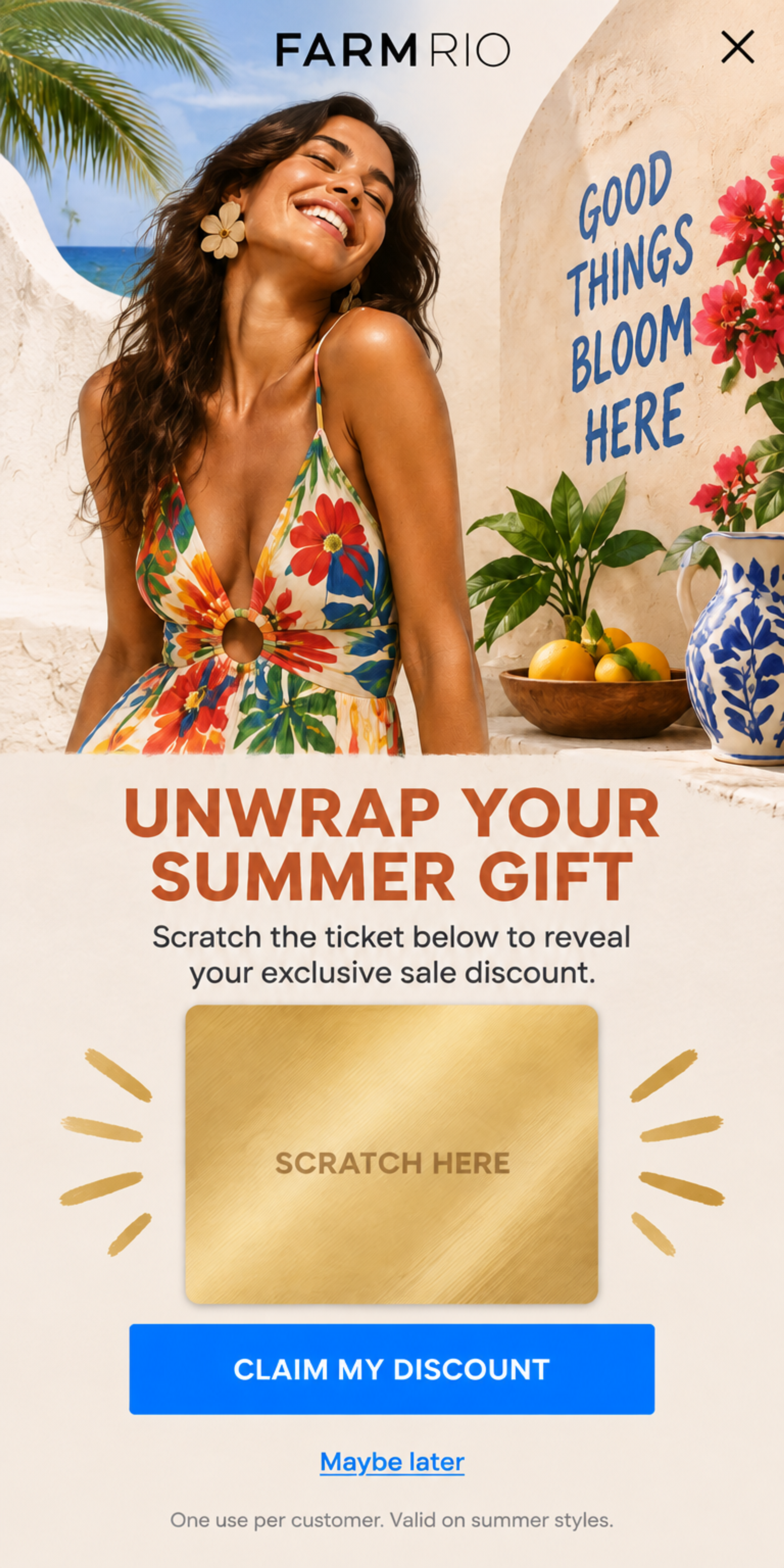 Mobile version of the Tropical Scratch Card popup designed for Farm Rio