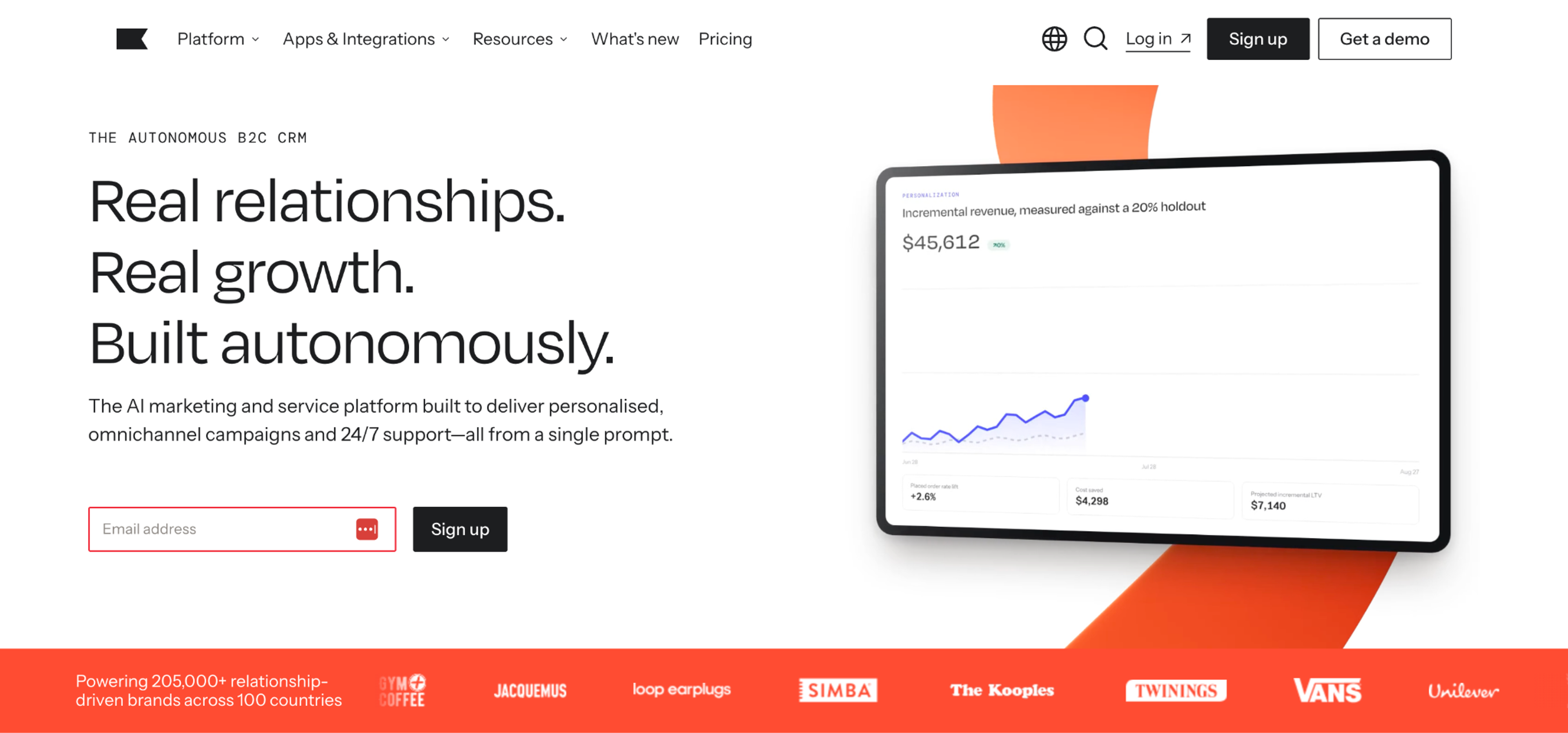 Klaviyo homepage with an email sign-up field, the platform that includes sign-up forms