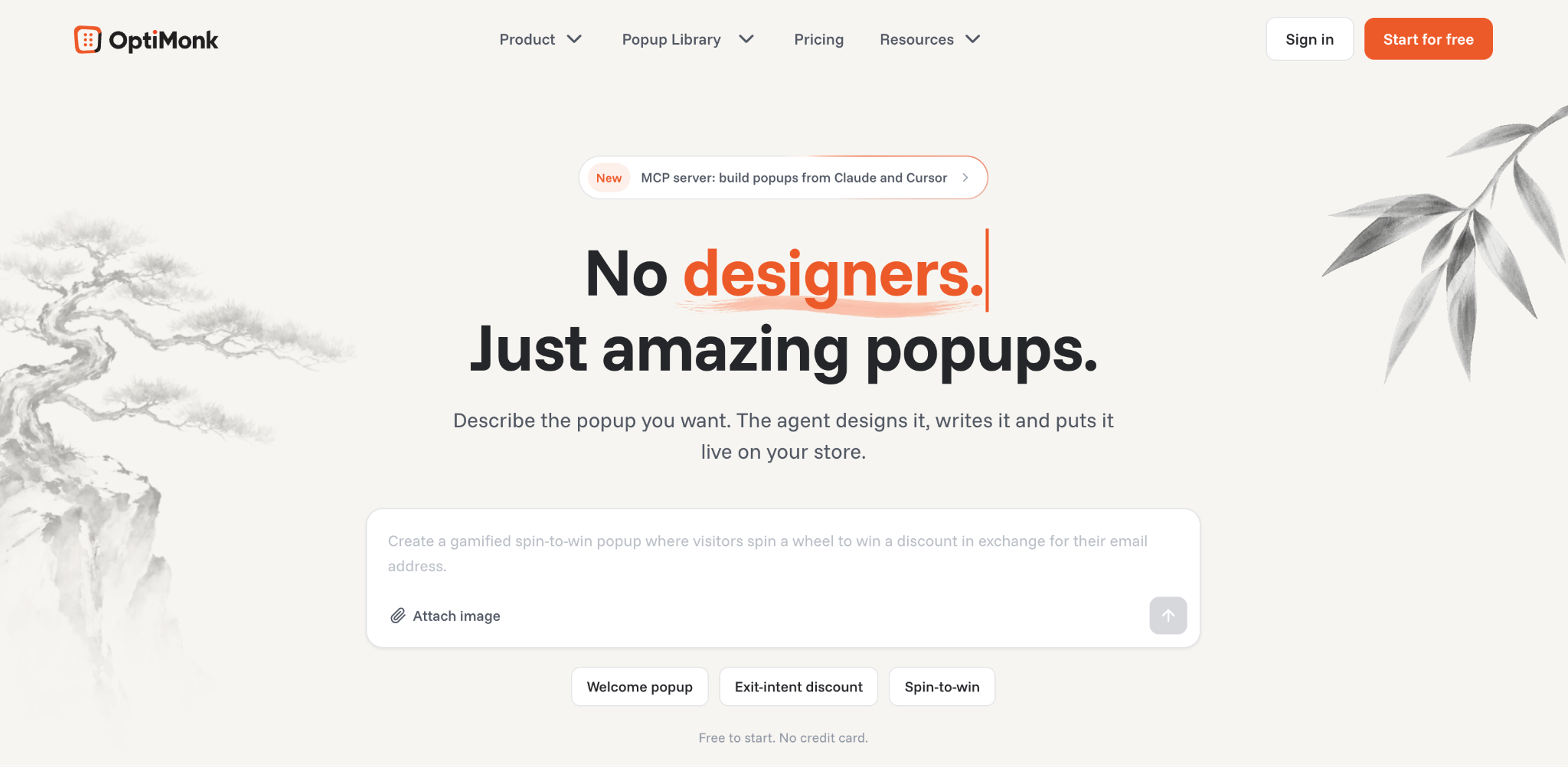 OptiMonk homepage: describe the popup you want and the AI agent builds it