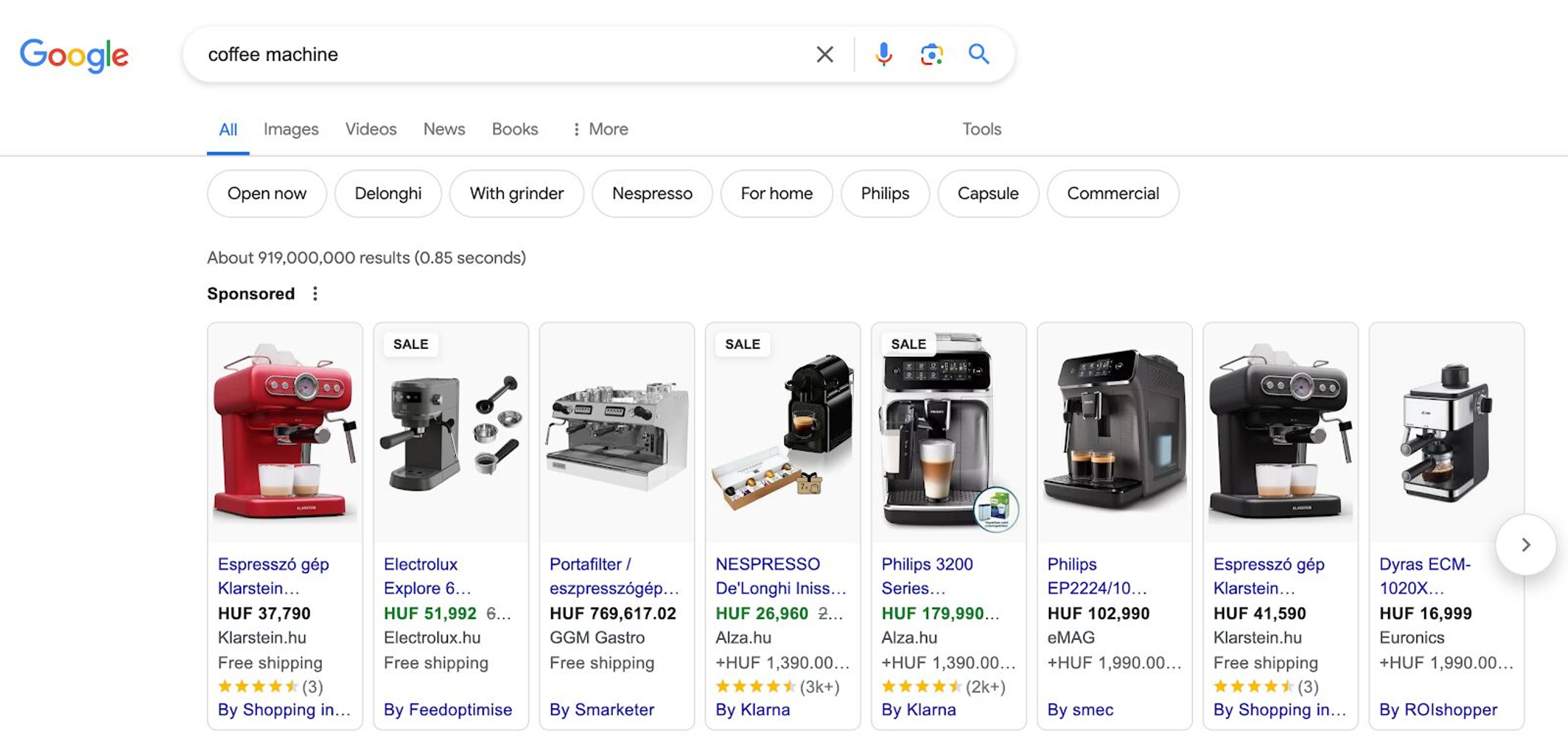An example of product ads showing up wih product images in the search results.