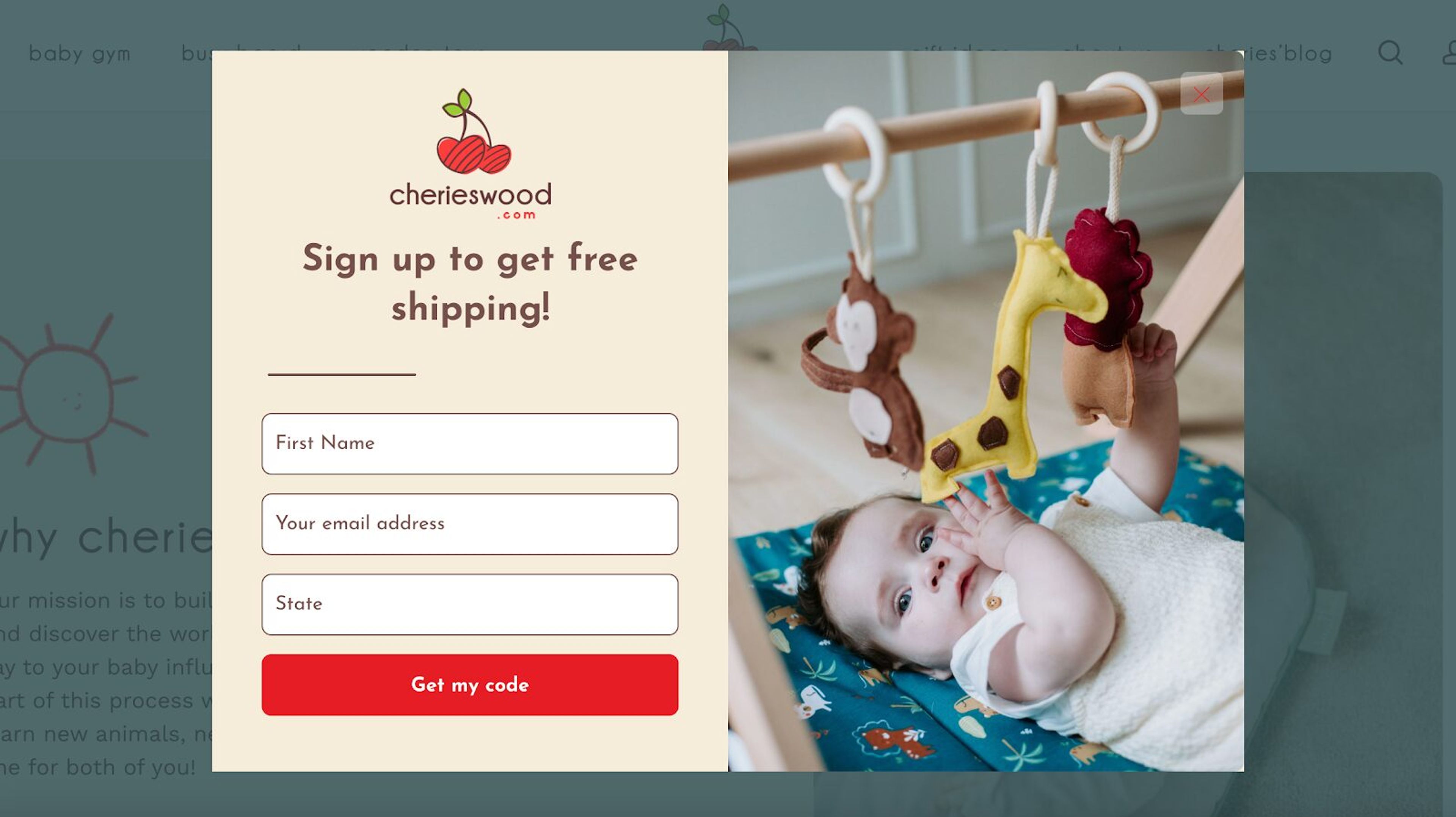 Pop-up offering free shipping for first-time buyers with a clear call-to-action button