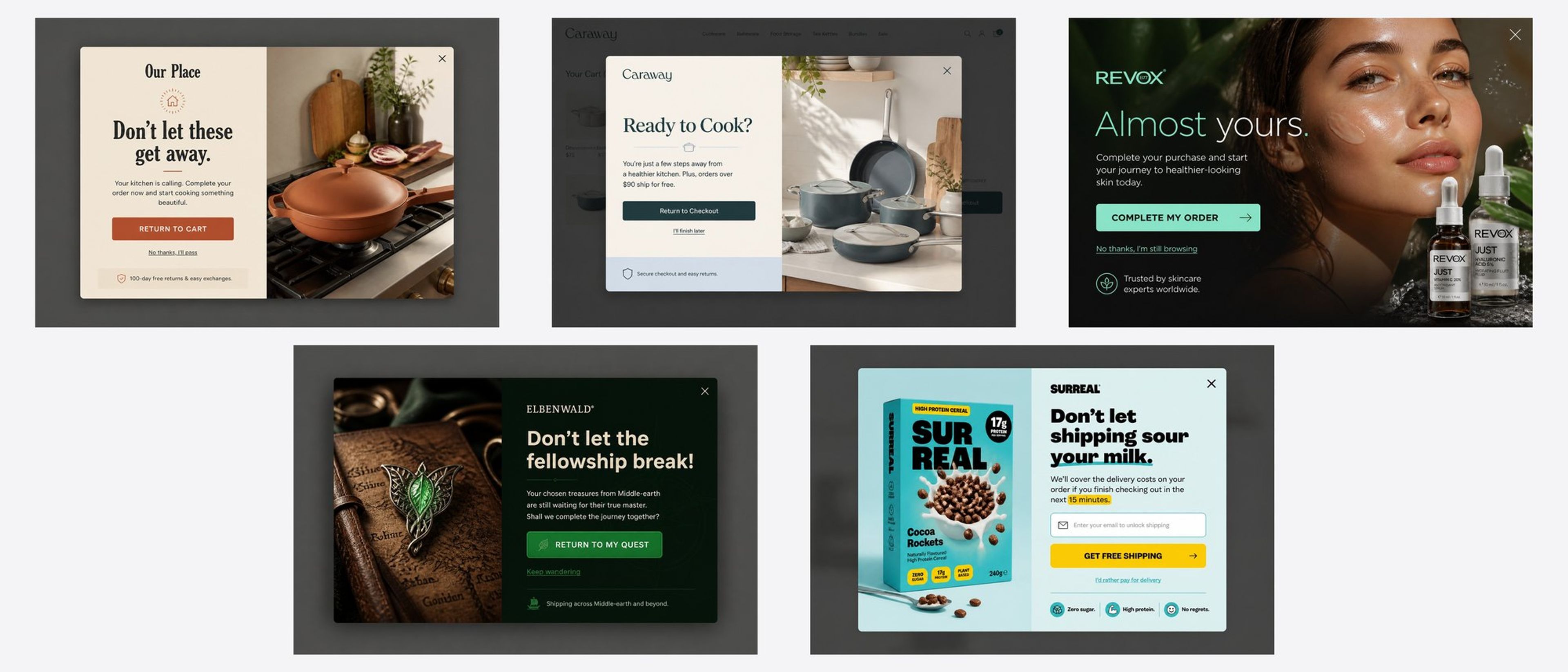 Five cart abandonment popup examples designed for Our Place, Caraway, Revox, Elbenwald and Eat Surreal