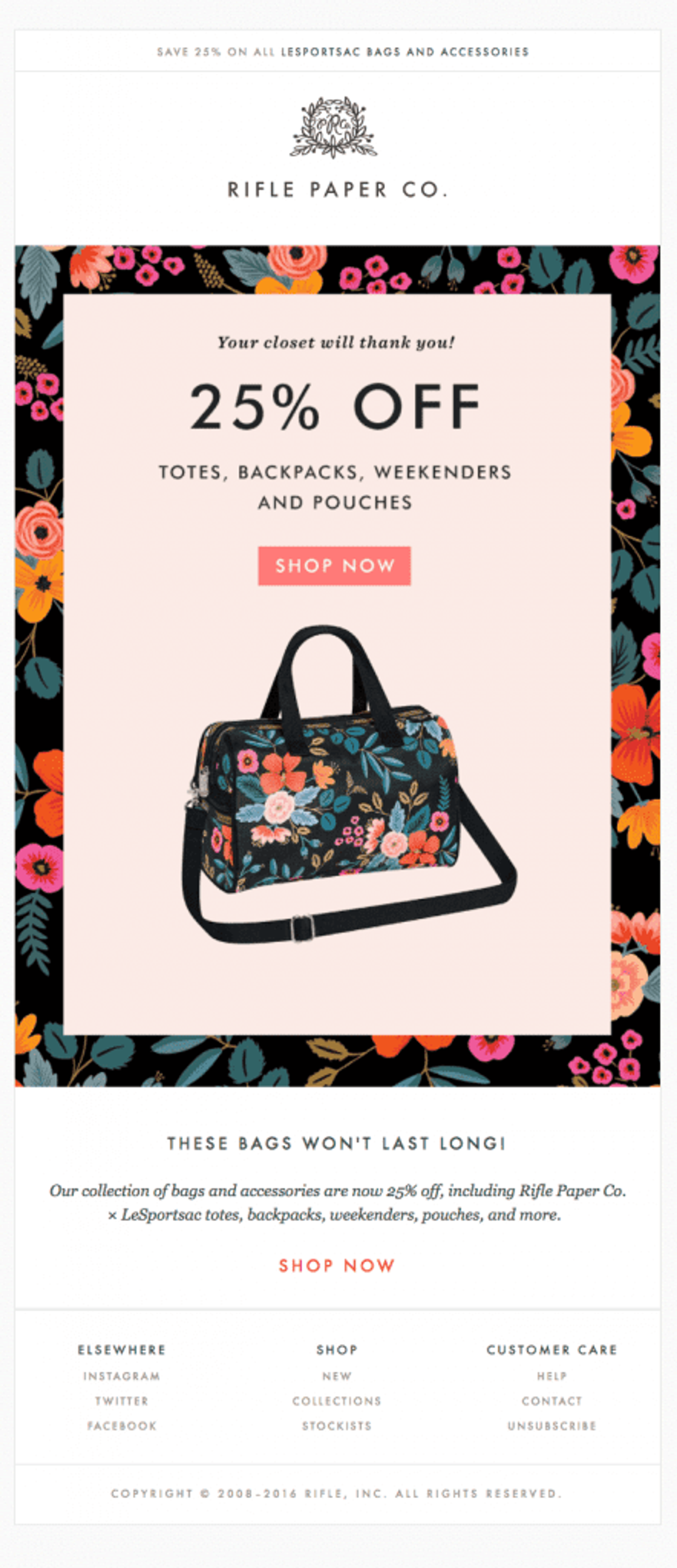 Ecommerce email template from Rifle Paper Co. is a great example on how to highlight products