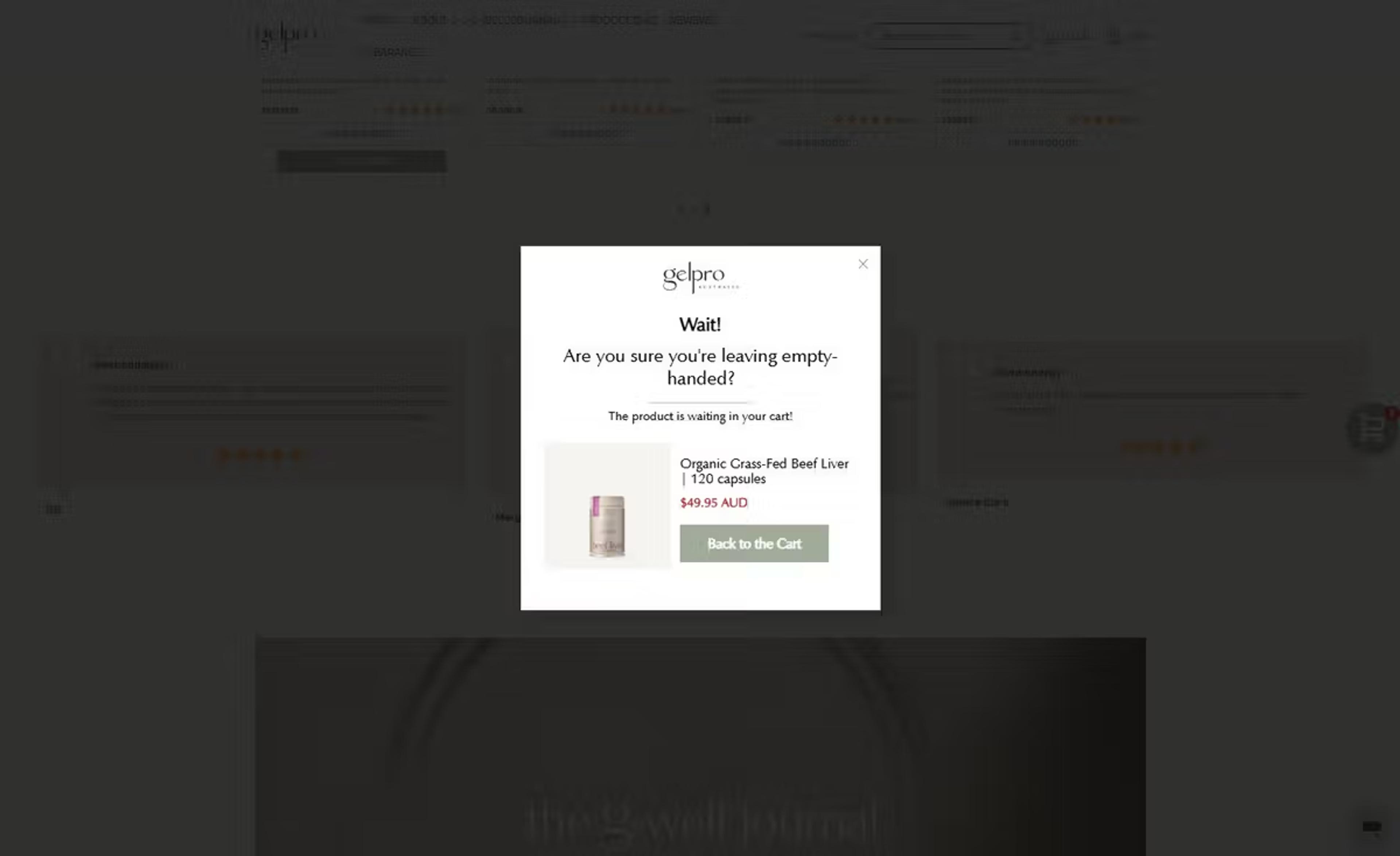 Gelpro Australia using a cart abandoment reminder popup