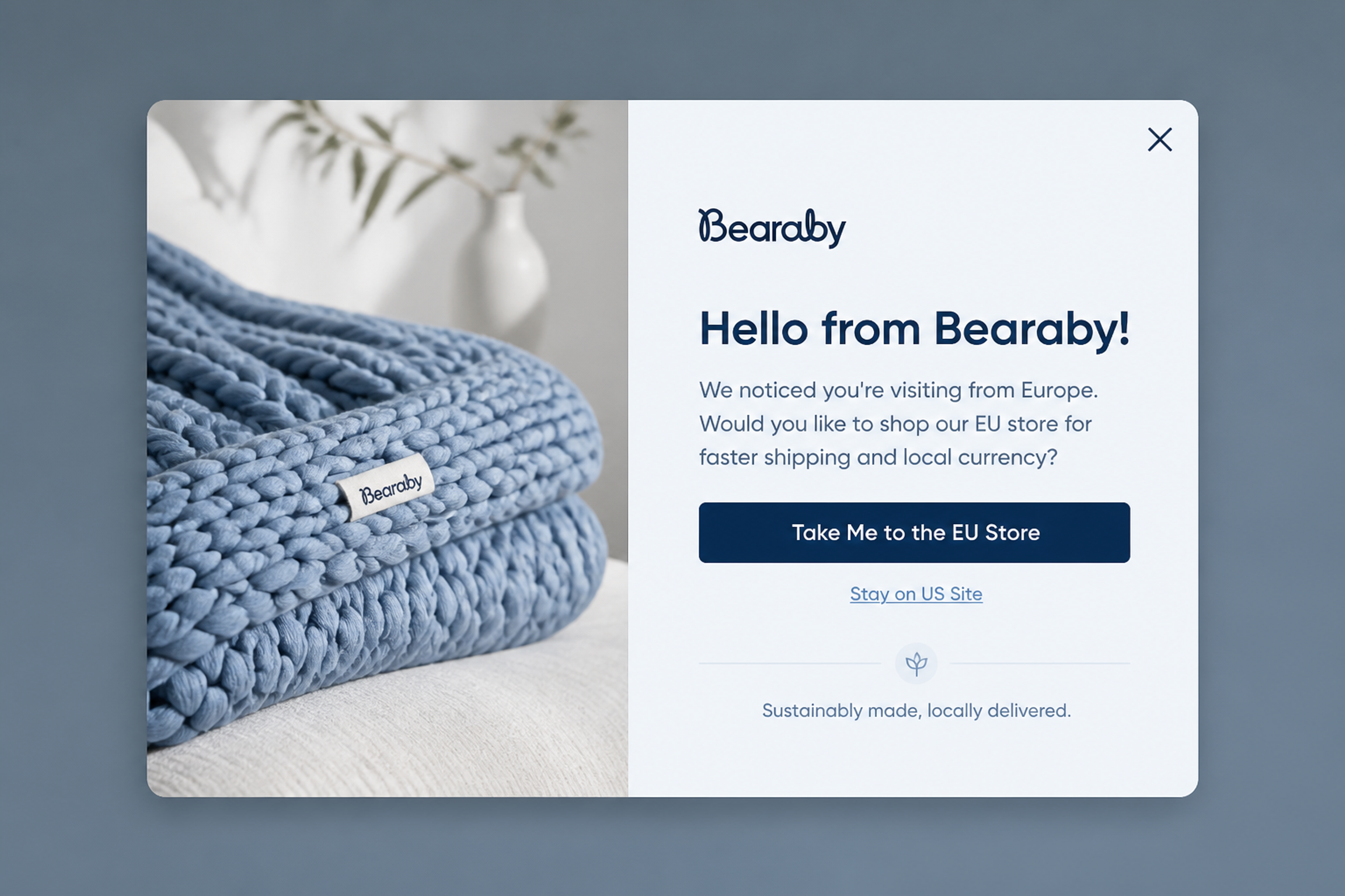 Geolocation popup designed for Bearaby: "Hello from Bearaby!" offering European visitors the EU store for faster shipping and local currency