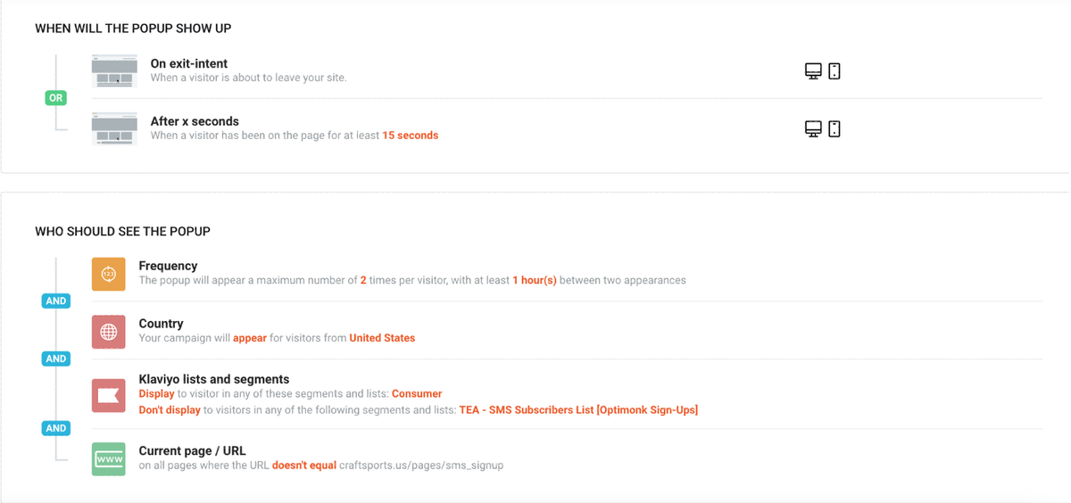 Craft popup settings
