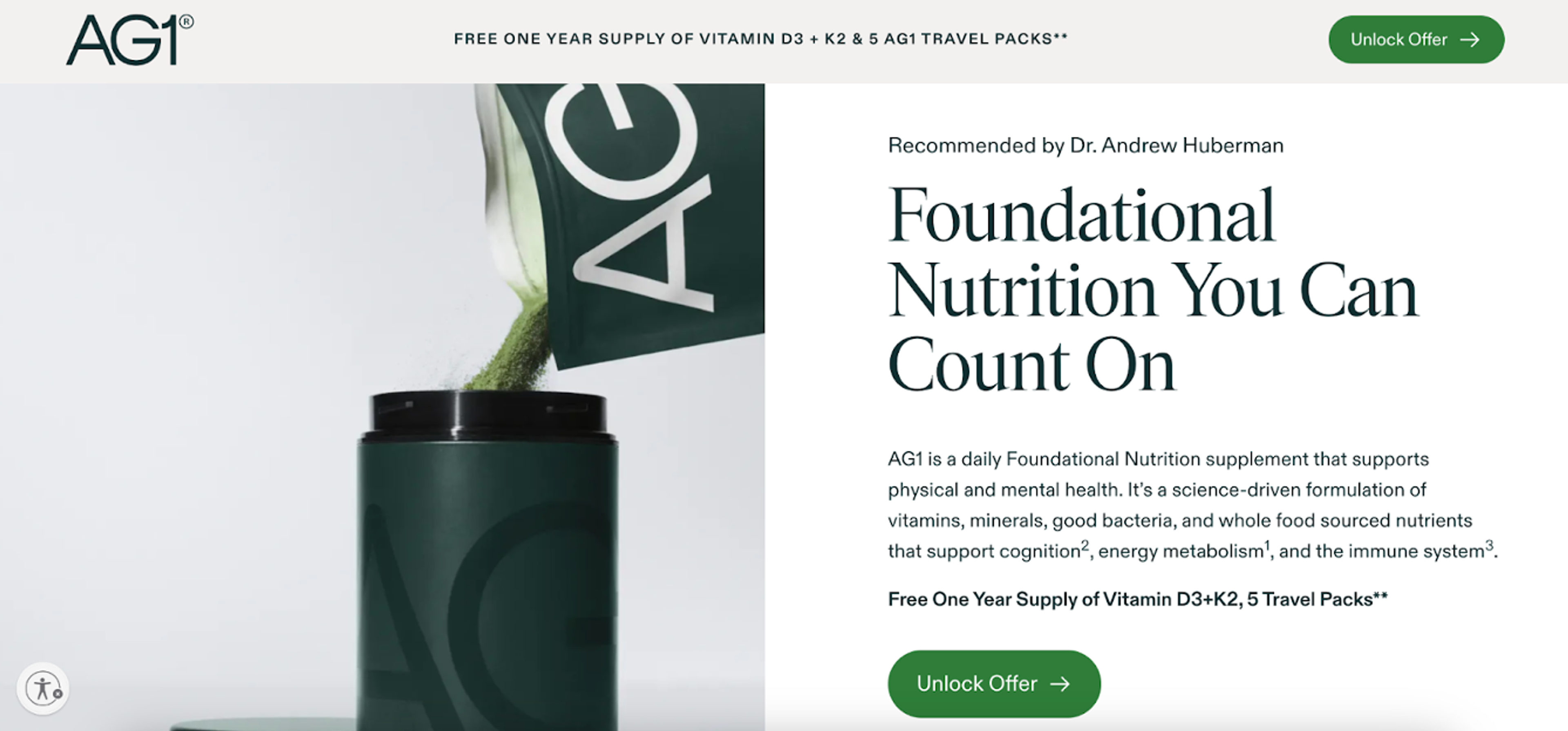 Personalized landing page for AG1's partnership with the Huberman Lab podcast