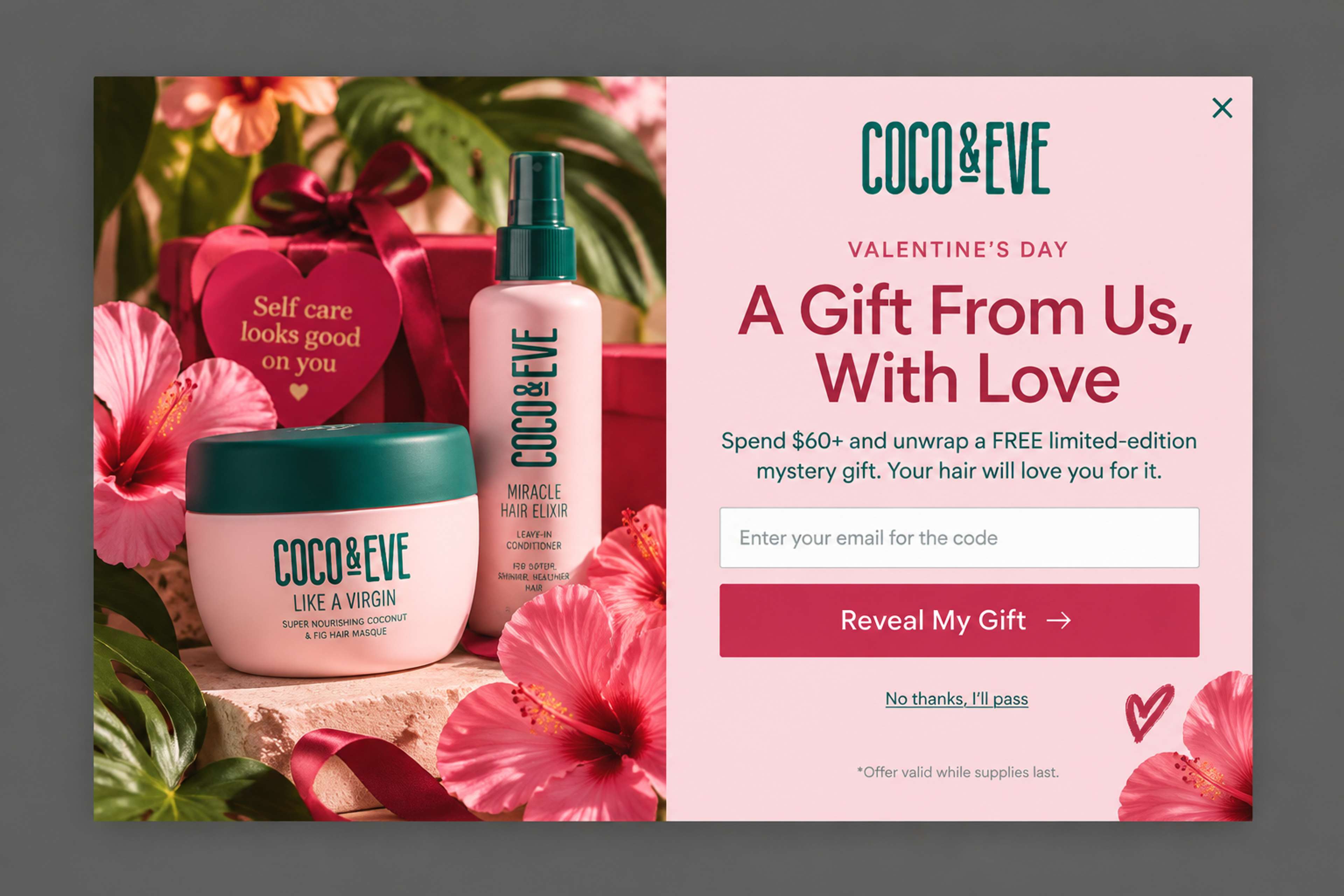 Valentine's popup offering a free mystery gift on orders over $60, code sent by email