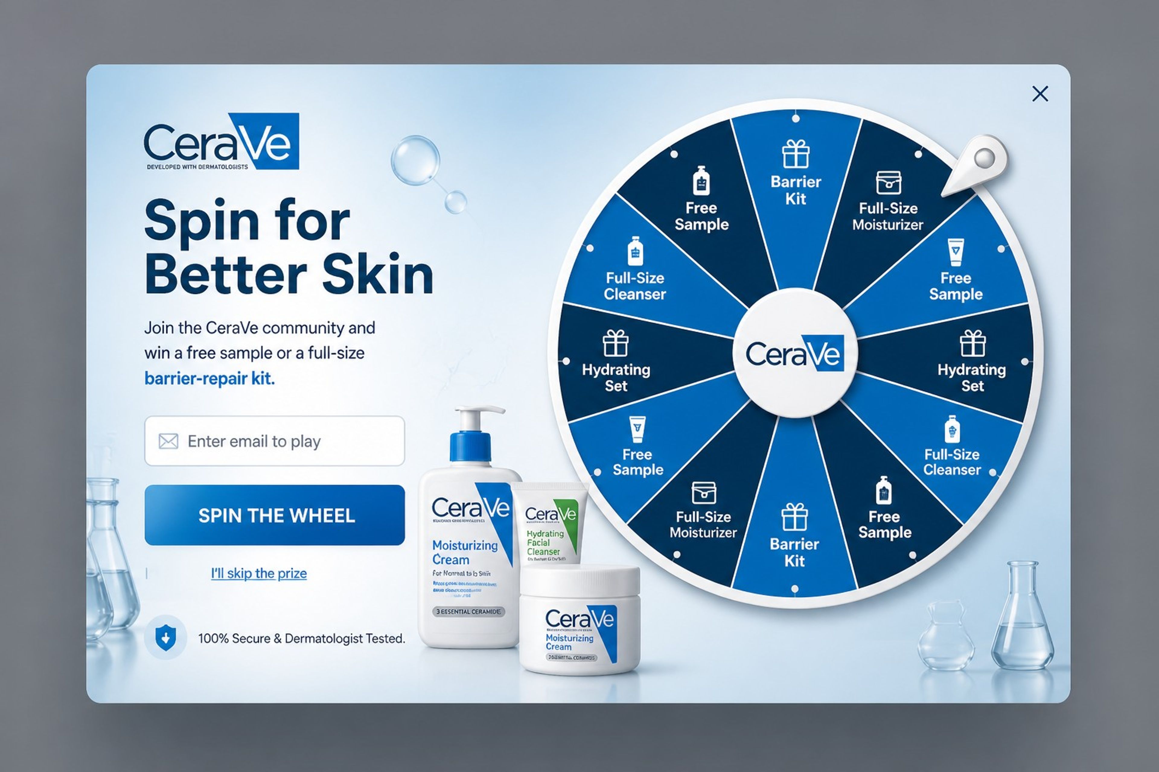 CeraVe spin-to-win popup with prizes like free samples and a barrier repair kit