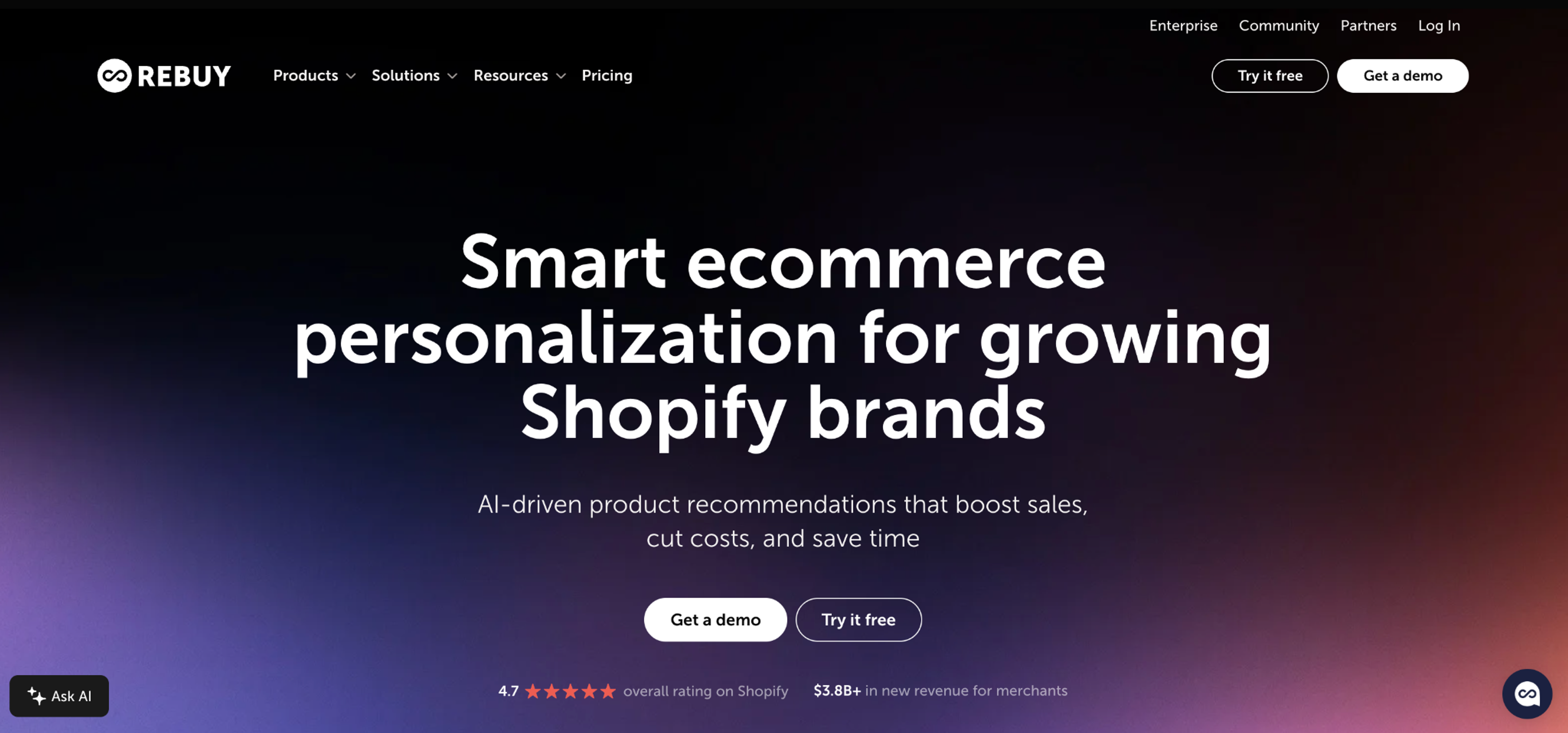 Rebuy homepage: smart ecommerce personalization for growing Shopify brands