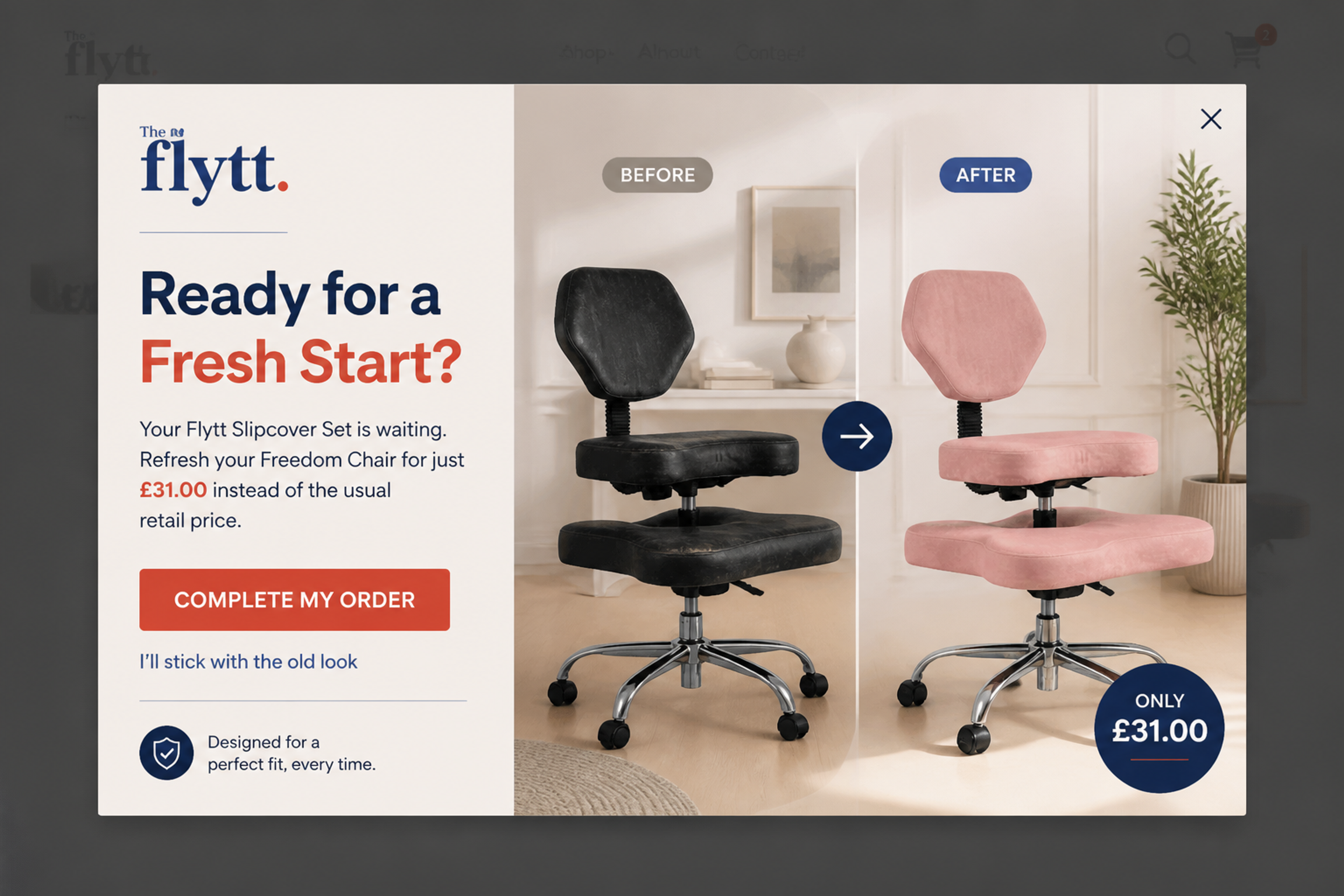 Exit-intent cart reminder popup showing the slipcover set left in the cart with a Complete my order button