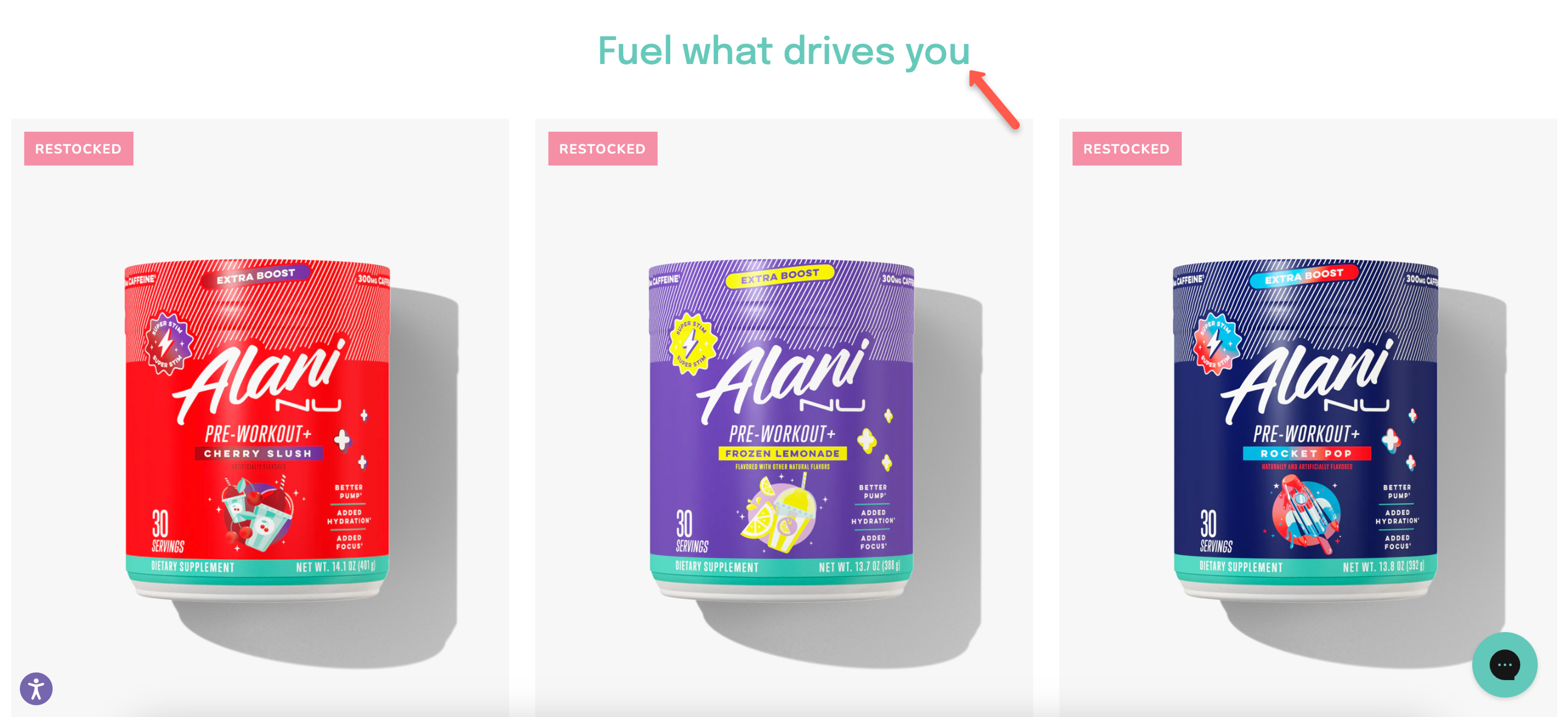 Alani Nu website example using words that sell
