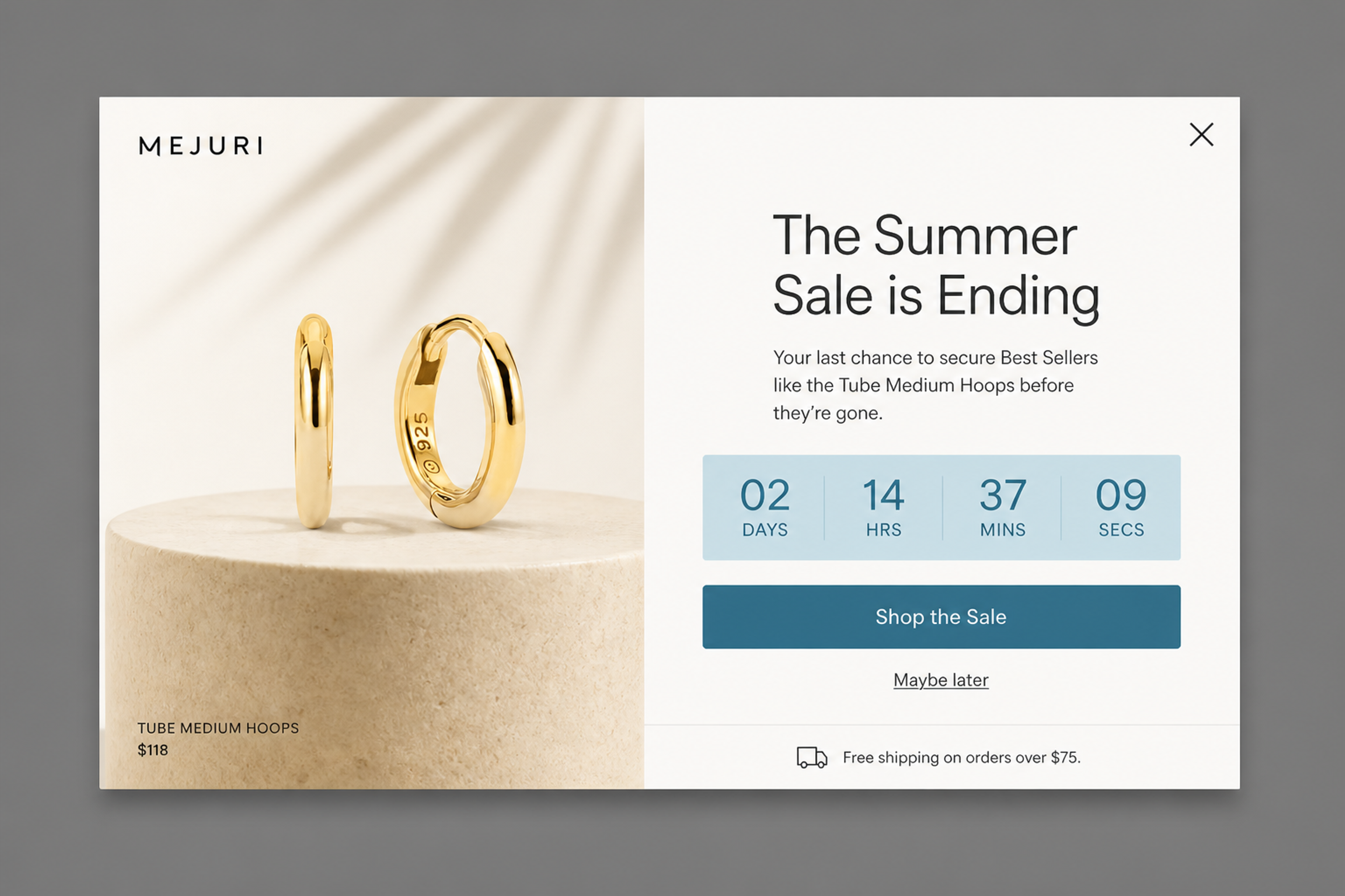 Summer sale ending popup with a countdown timer and Mejuri best-selling hoop earrings