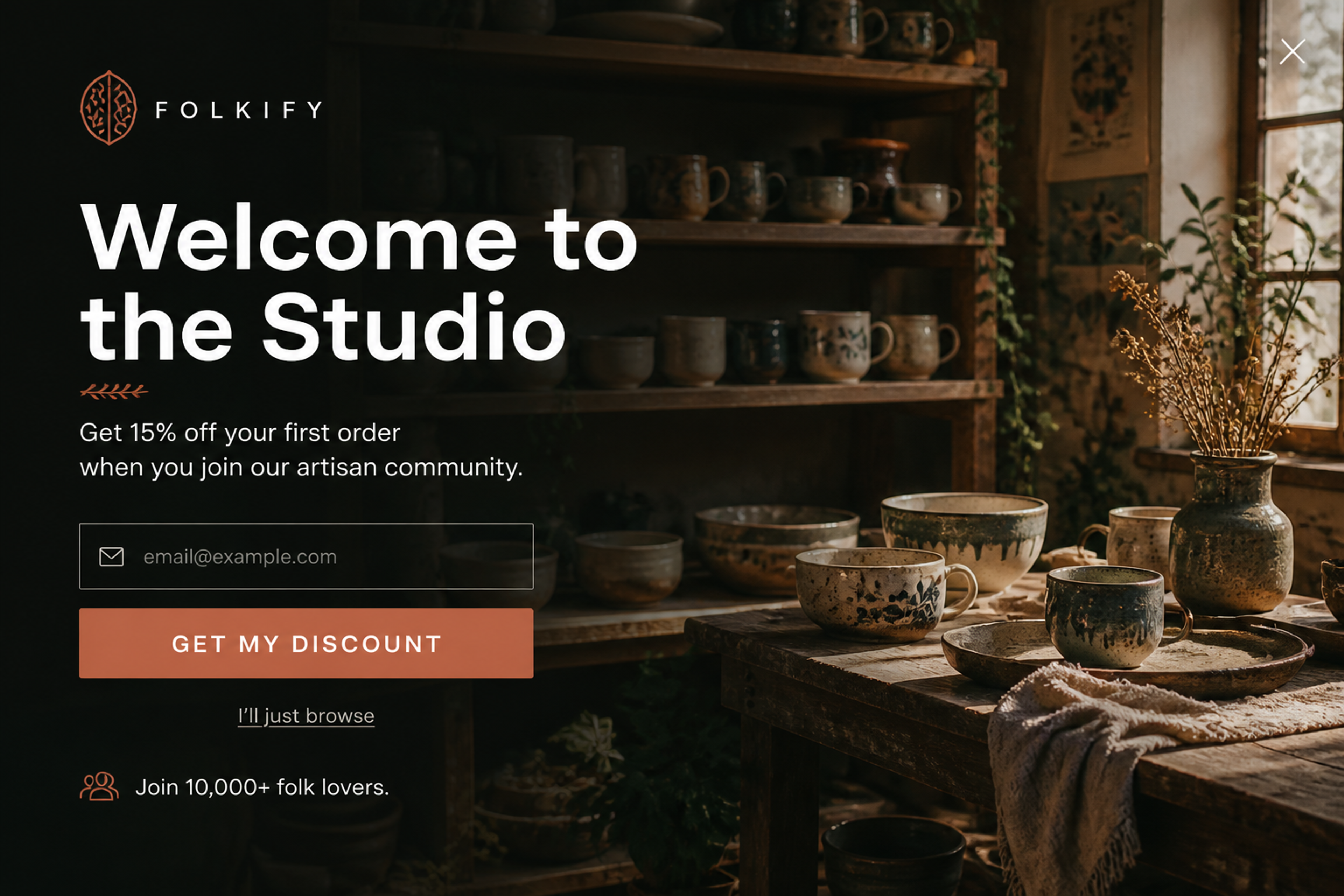 Fullscreen welcome popup for a small artisan Shopify store with the headline "Welcome to the Studio"