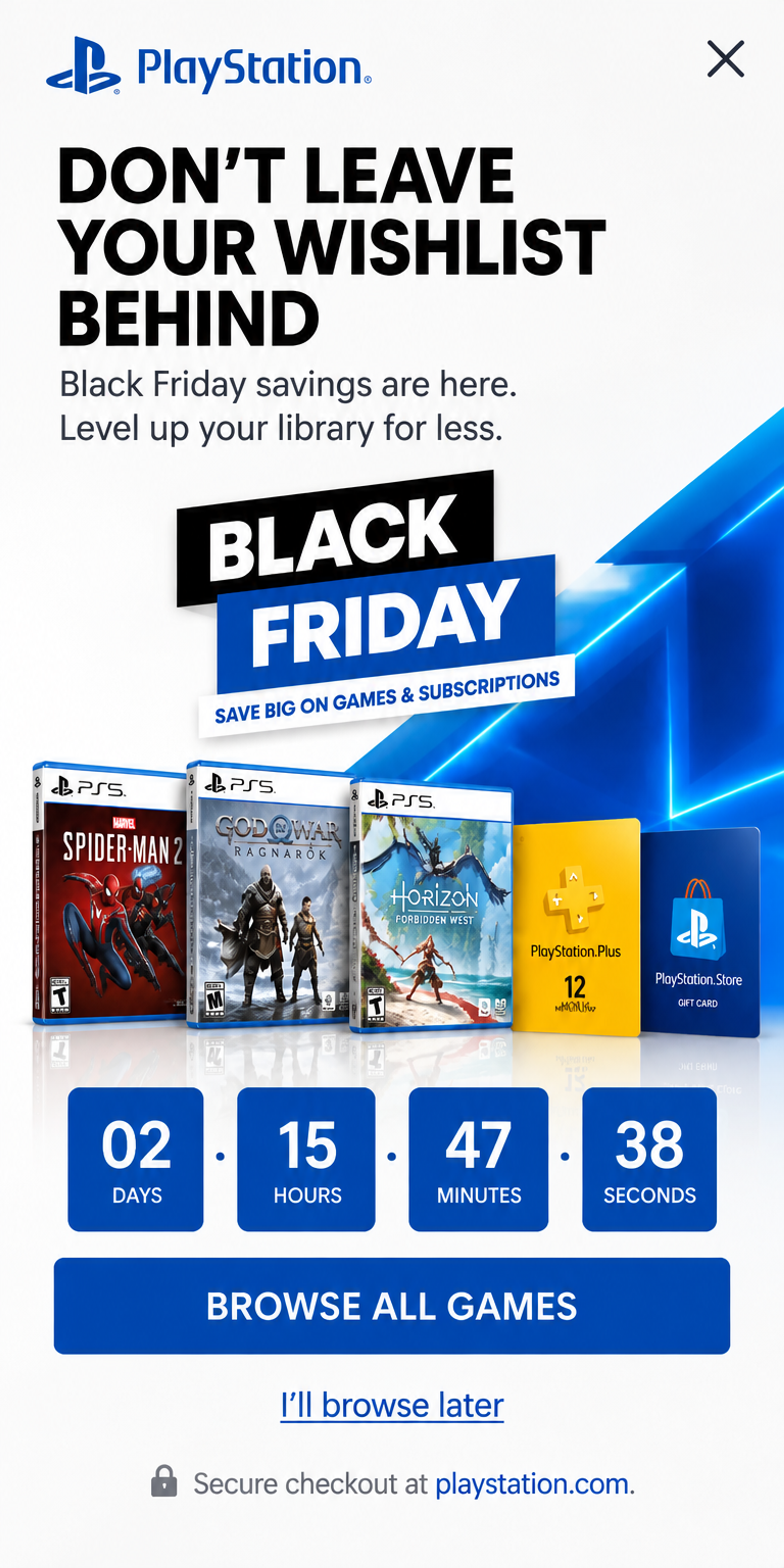 Mobile version of the Level Up Your Library popup designed for PlayStation