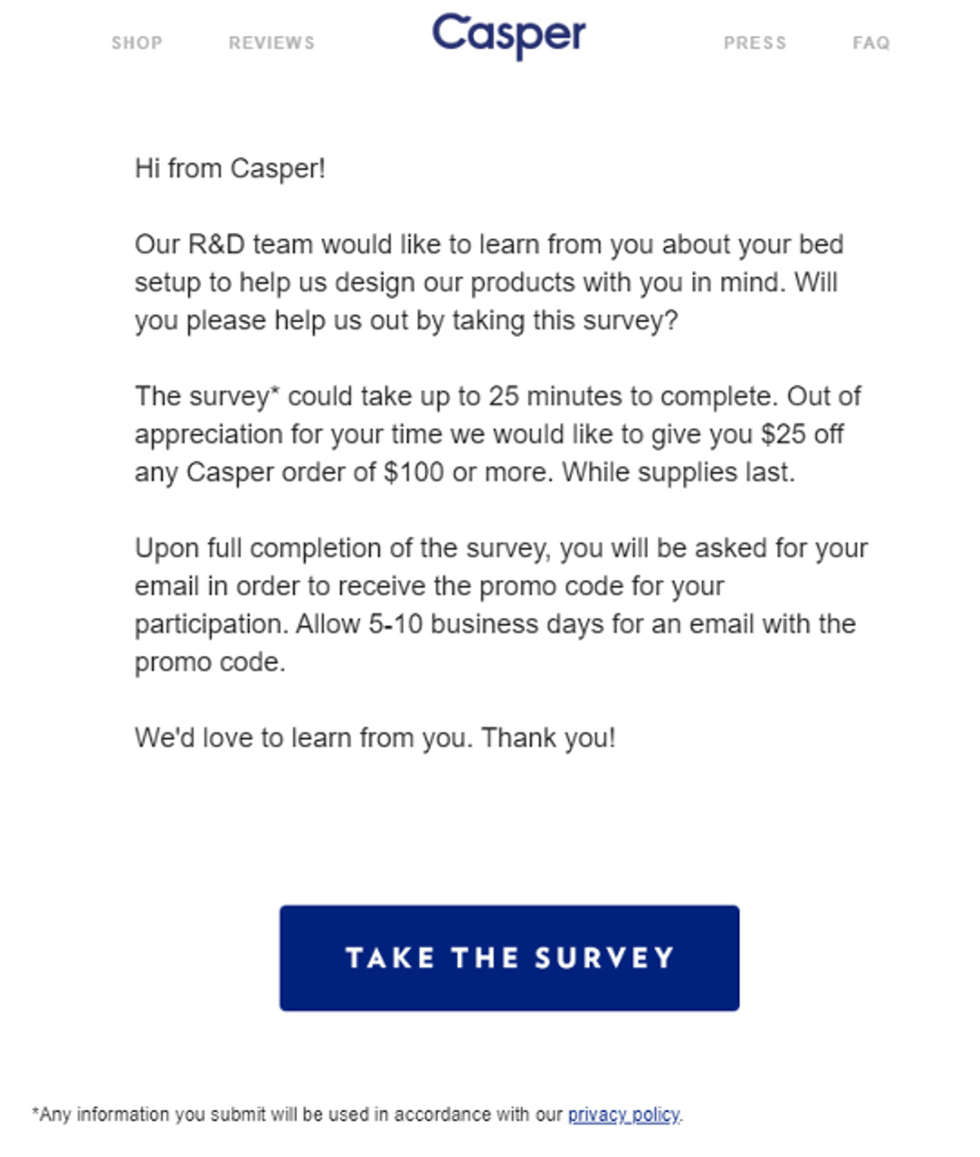 A Casper marketing email
