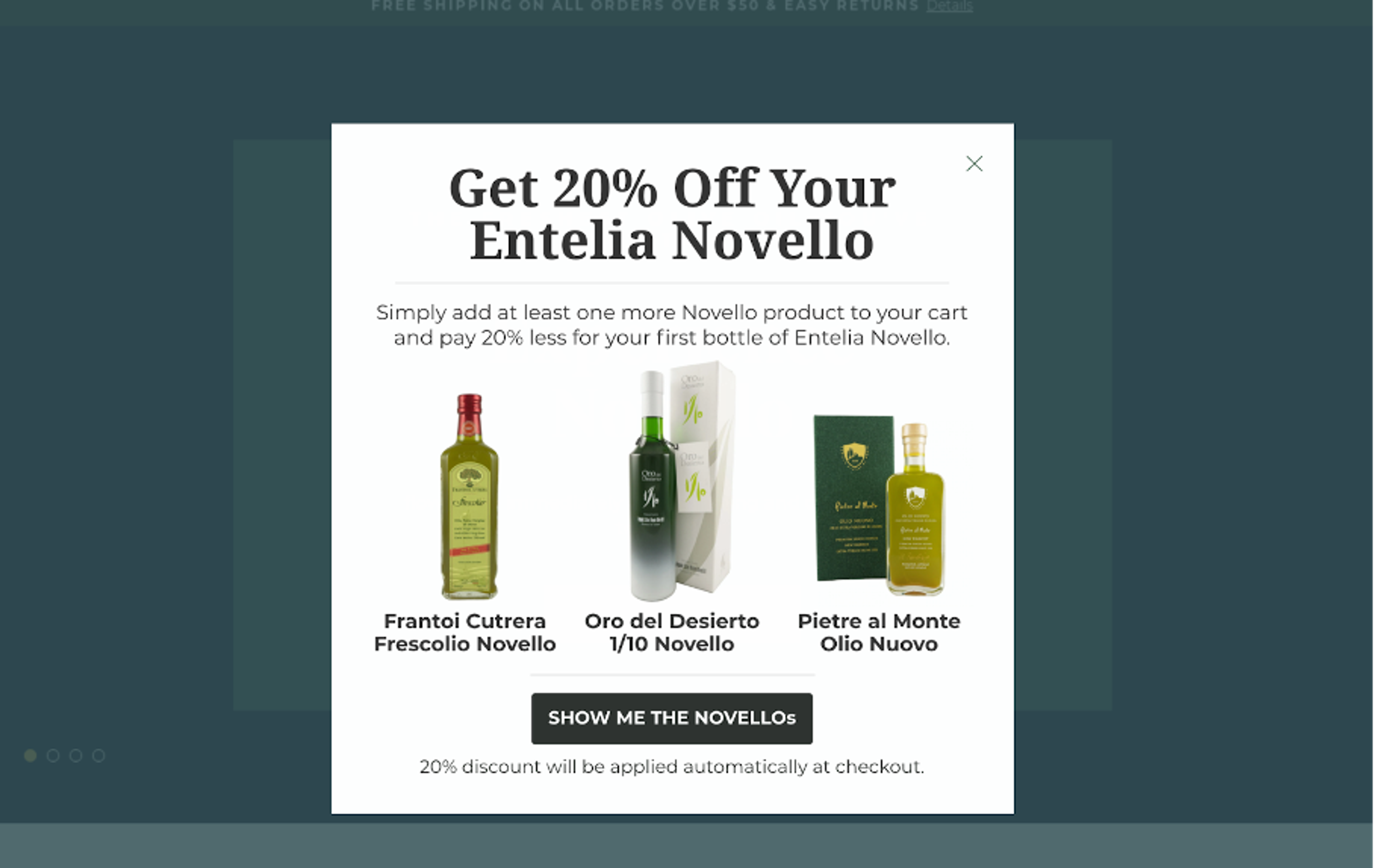 Olive Oil Lovers upsell popup is offering customers 20% off on particular products.
