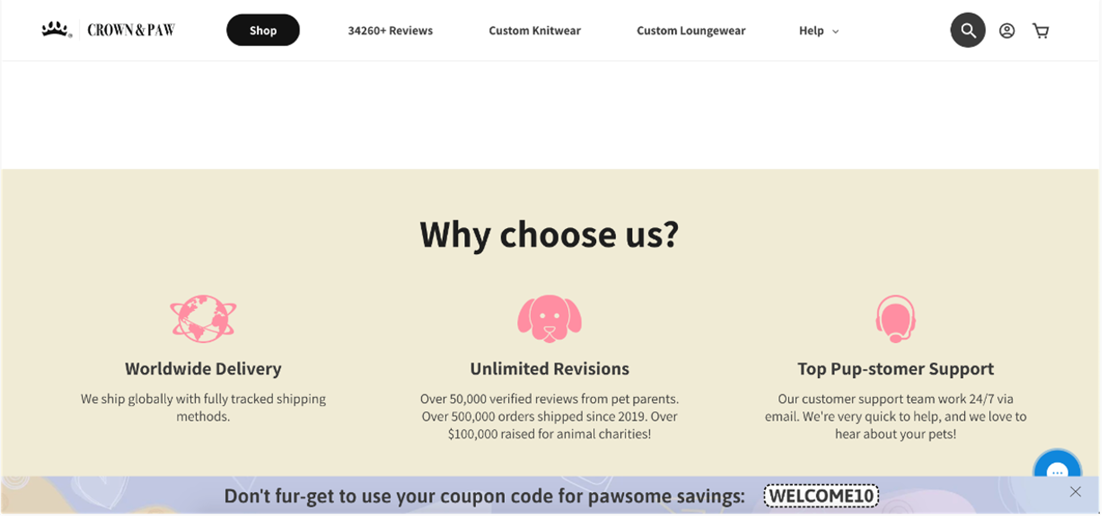 Crown and Paw's notification bar show us the importance of great copy.