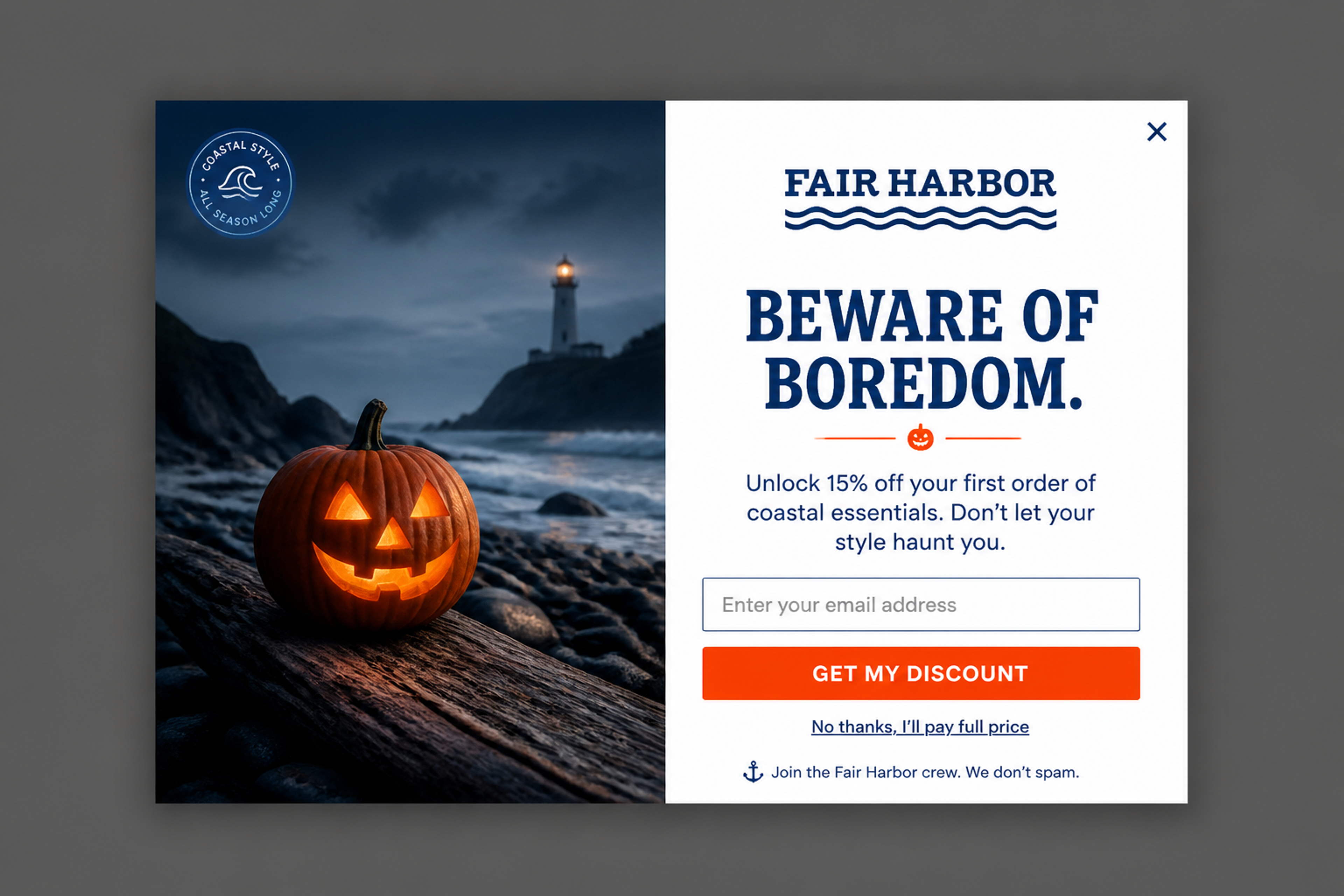 Halloween welcome popup designed for Fair Harbor, a beachwear brand, with "Beware of boredom" headline and 15% off