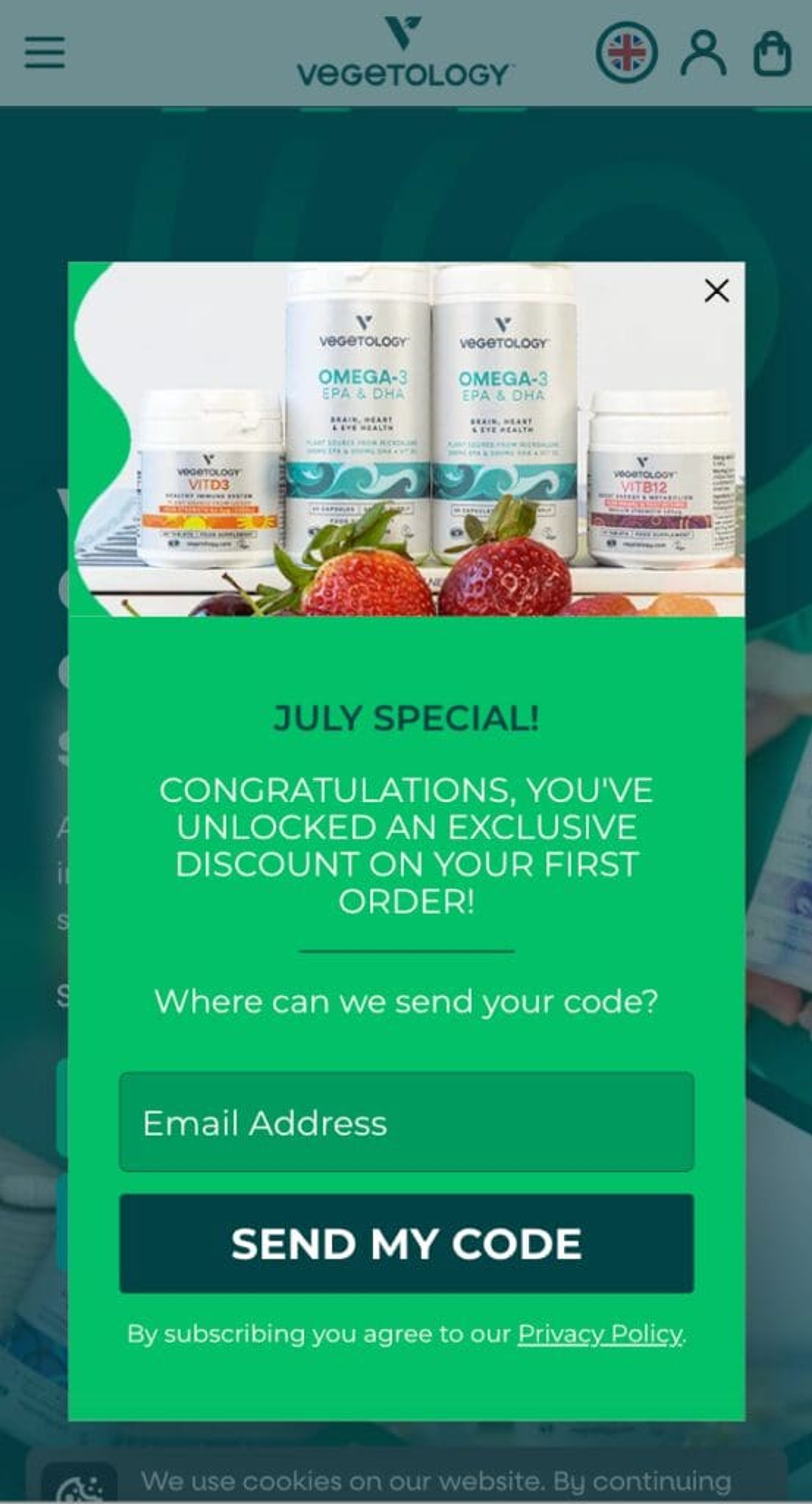 Vegetology's mobile exit intent has a compelling offer which is engaging visitors easily.