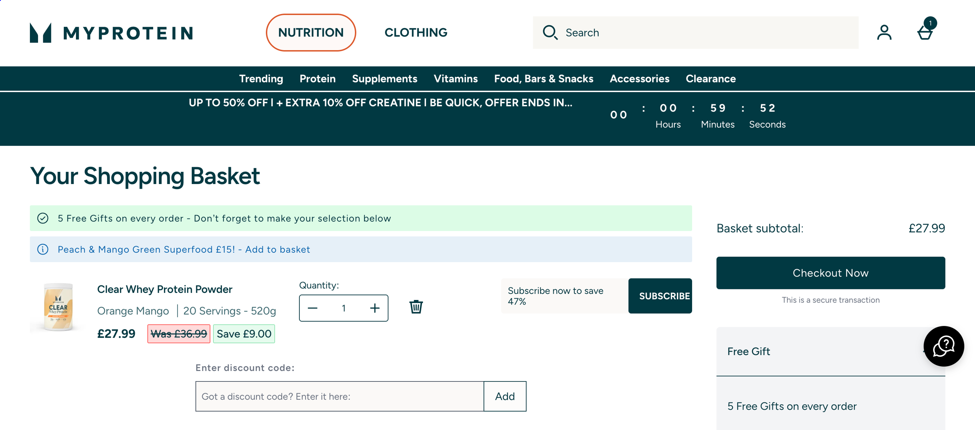MyProtein ecommerce cart design