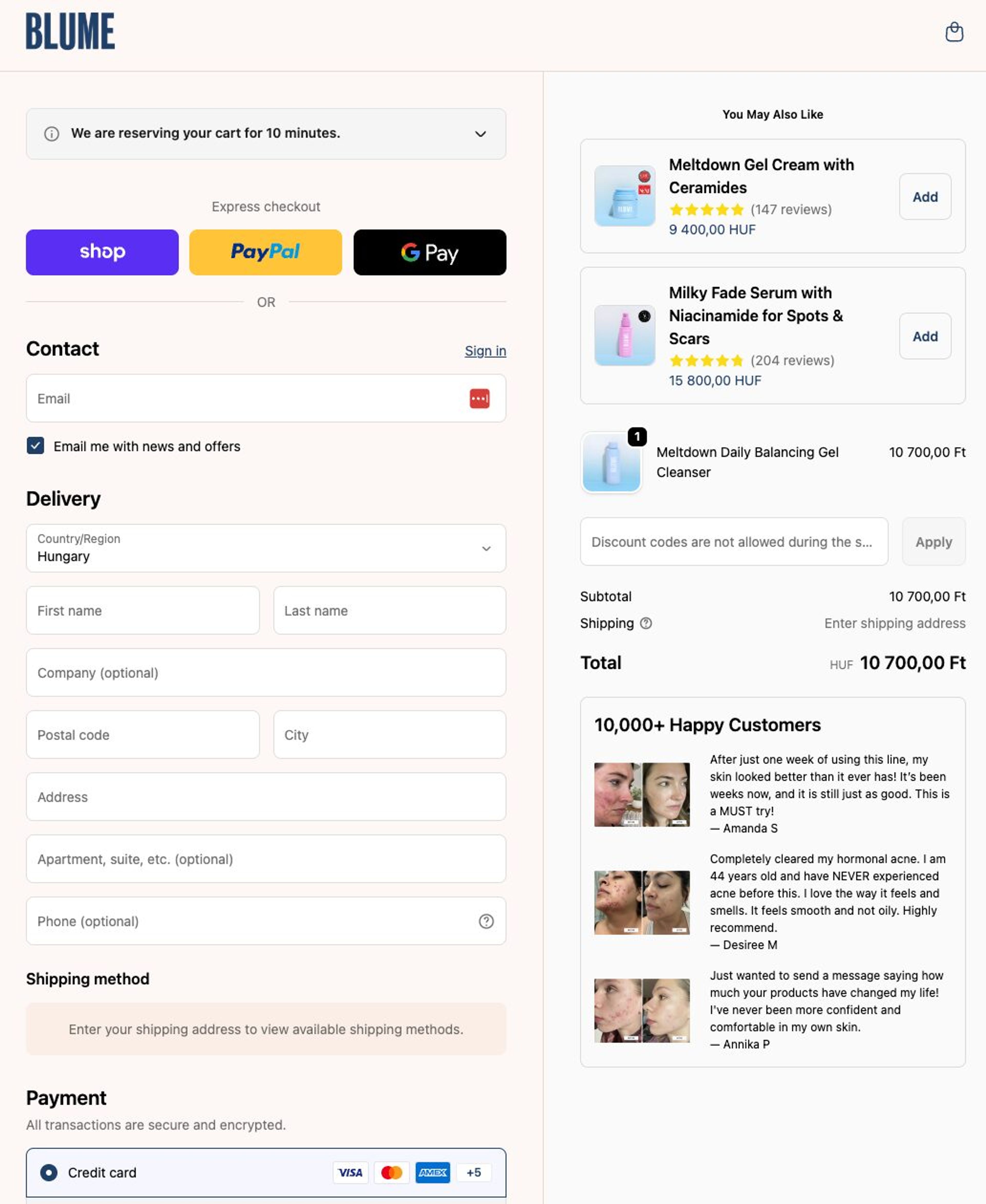 Blume's well-structured shopping cart page