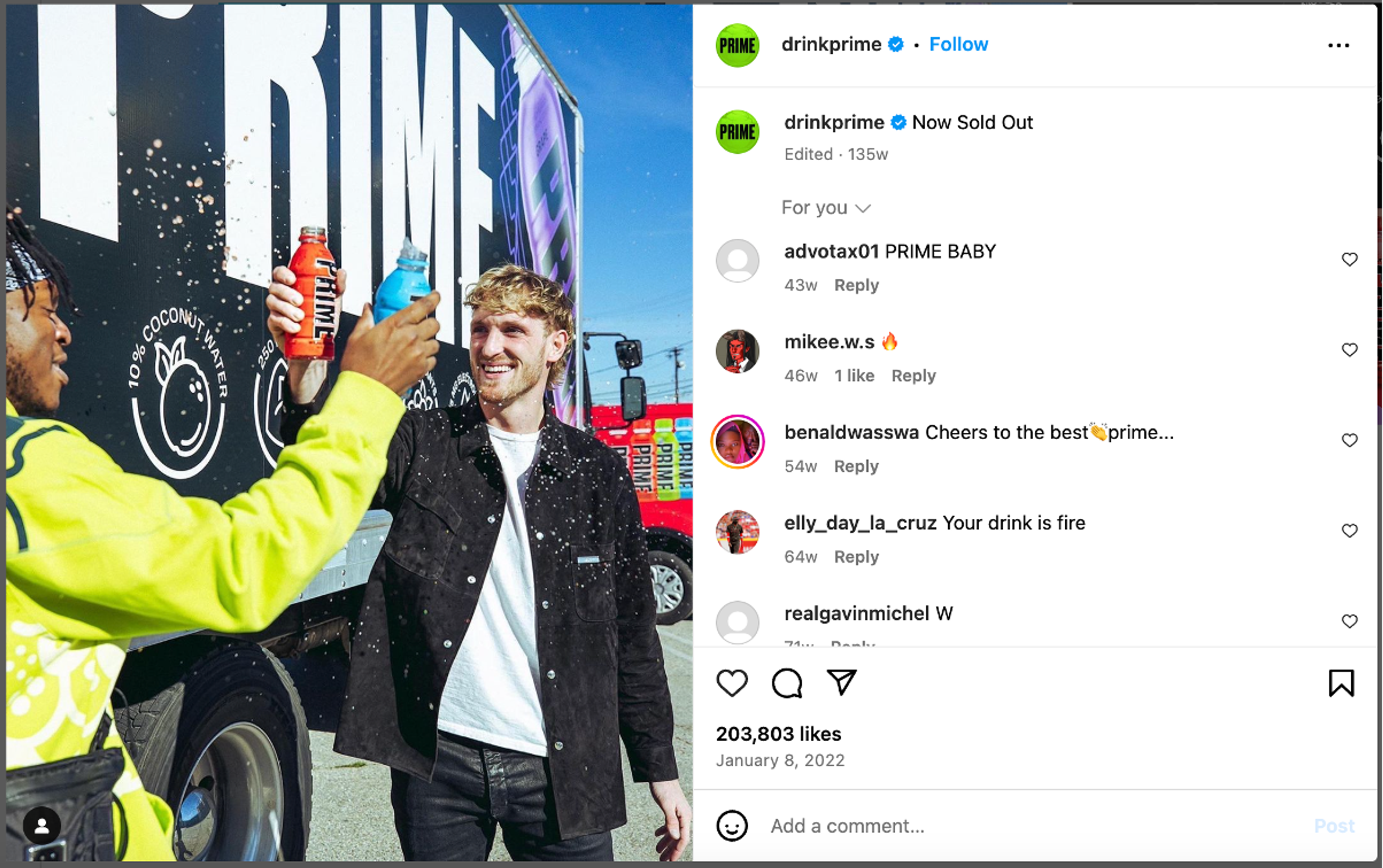 Prime Hydration sold out post on Instagram