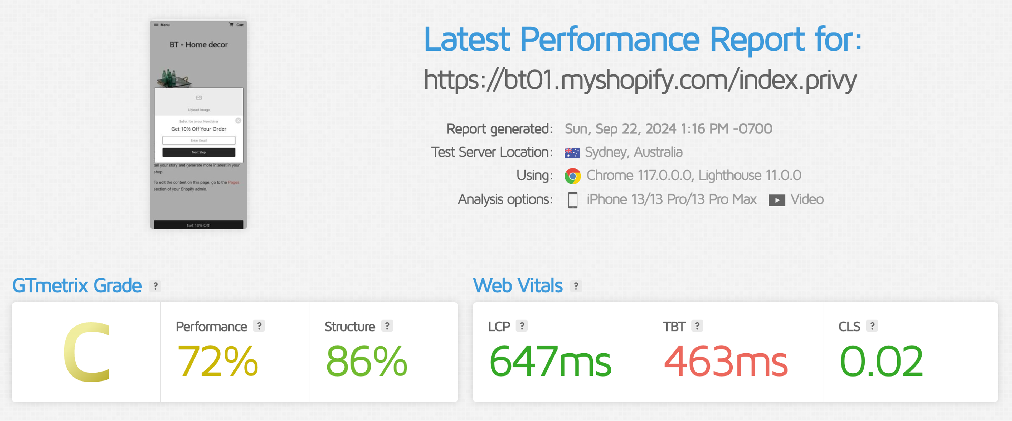 Privy GTMetrix page speed results