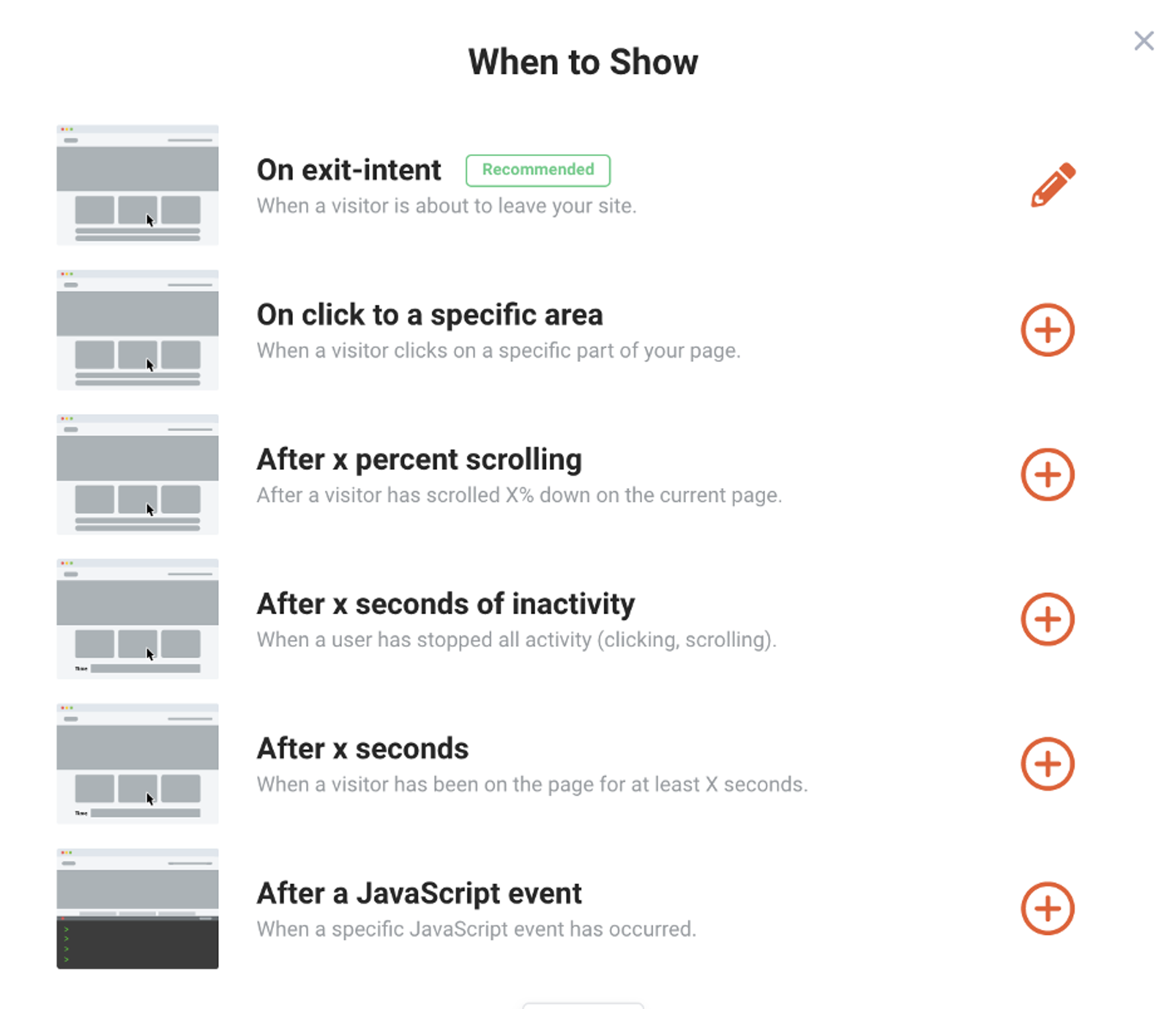 OptiMonk when to show your pop-ups rules