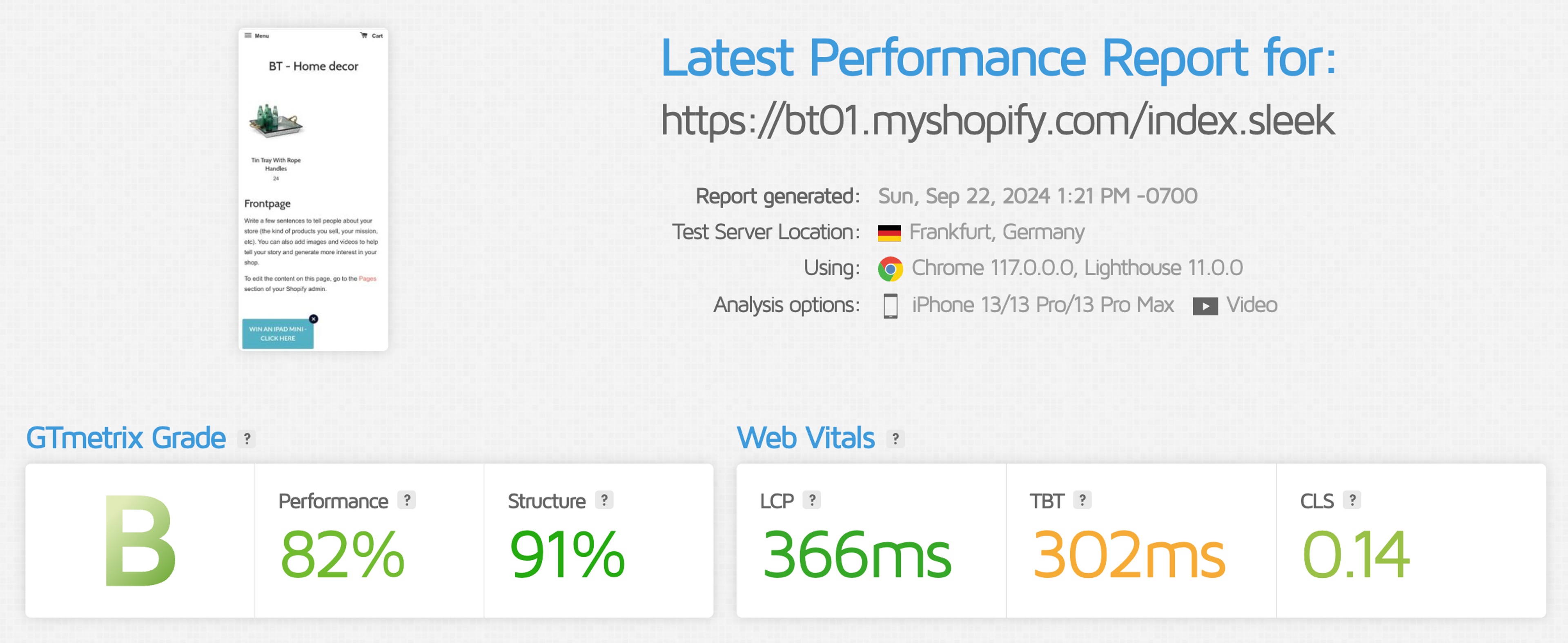 Sleeknote GTMetrix page speed results