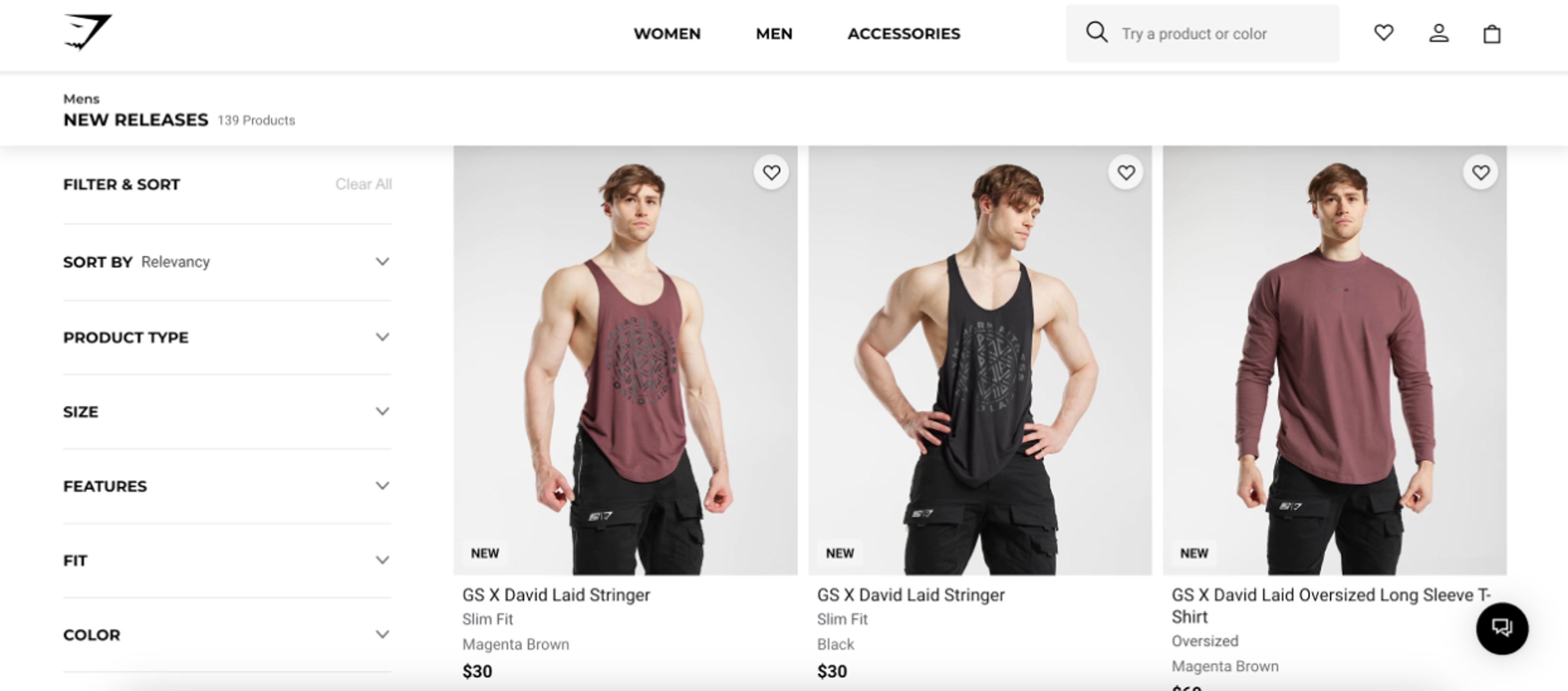 Gymshark filtering system on category pages