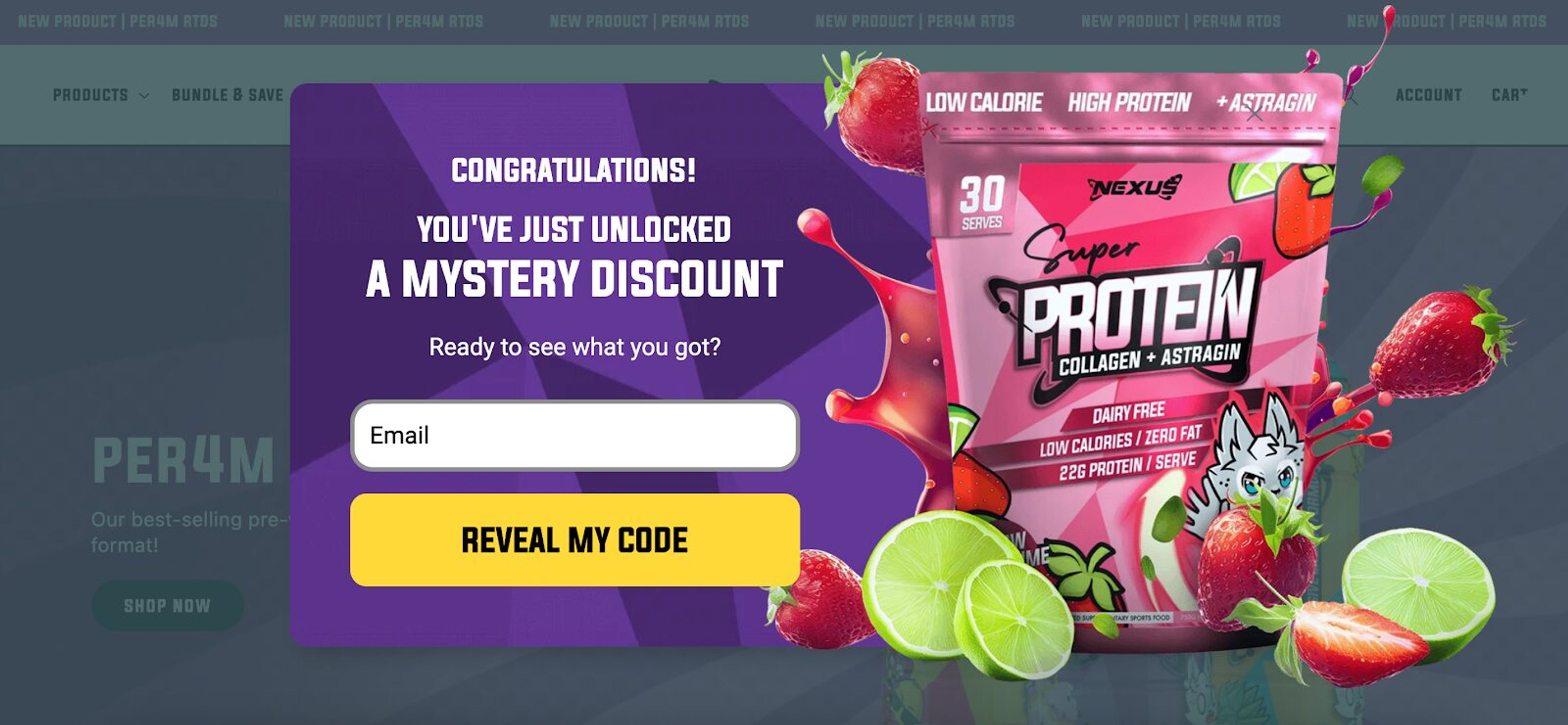 Nexus Sports Nutrition pop-up example with contrasting colors