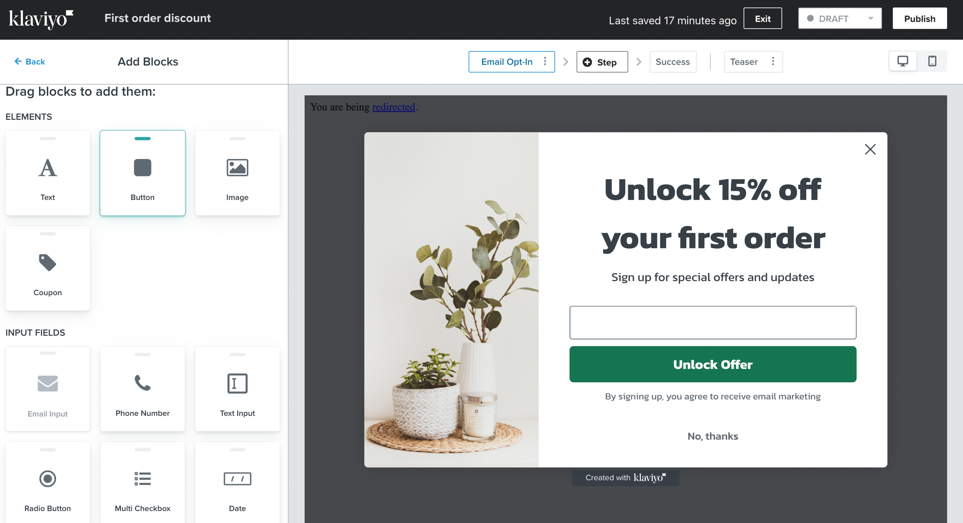 Klaviyo has a functional drag &amp; drop editor