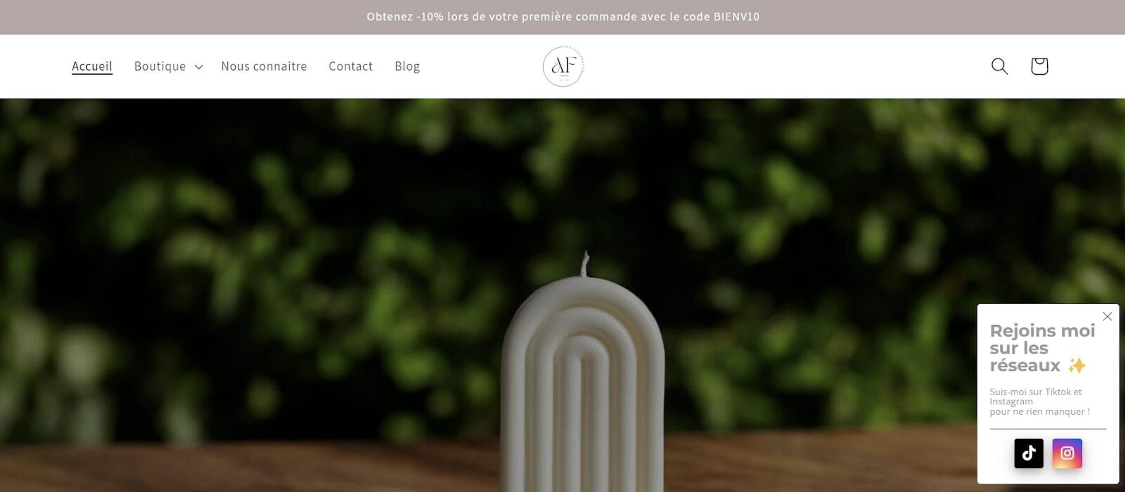Always and Forever Candles social pop ups asking website visitors to follow them on TikTok and Instagram.