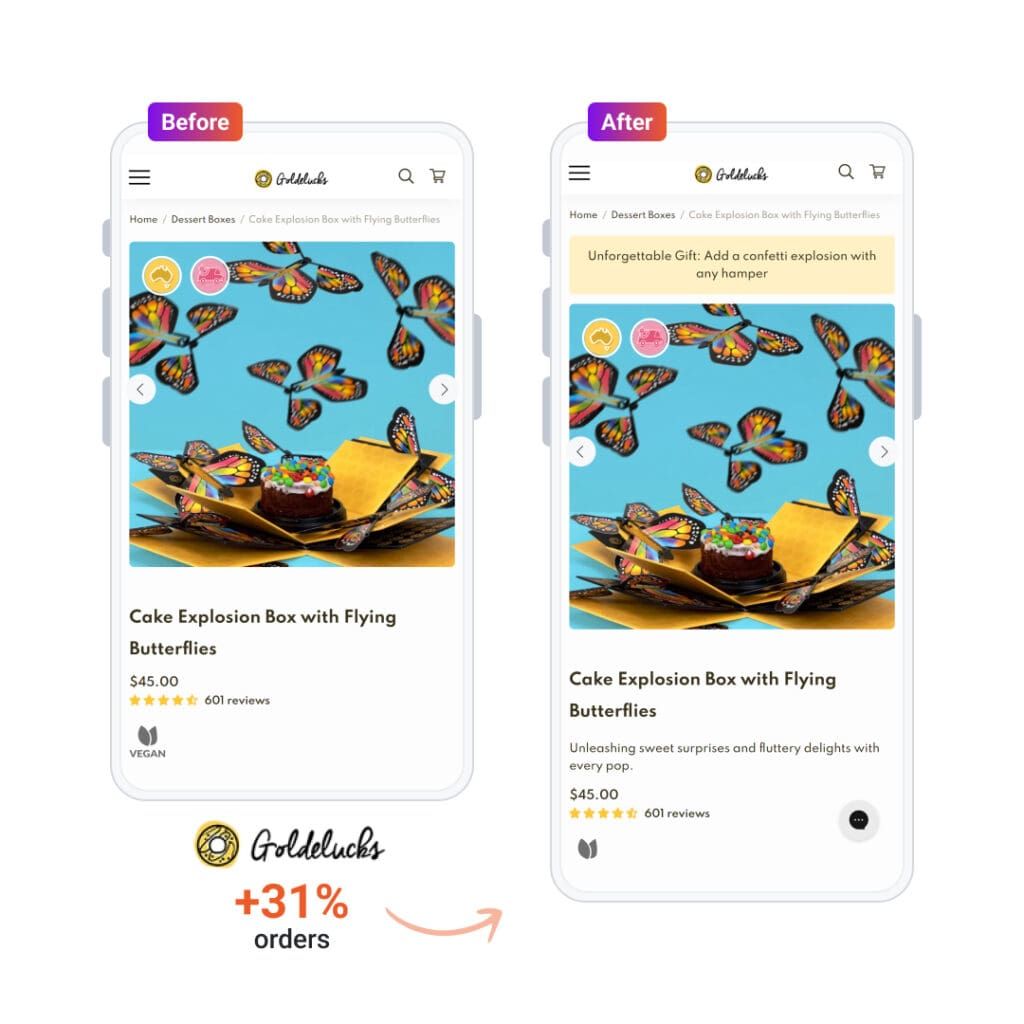 Goldelucks product page optimization before and after