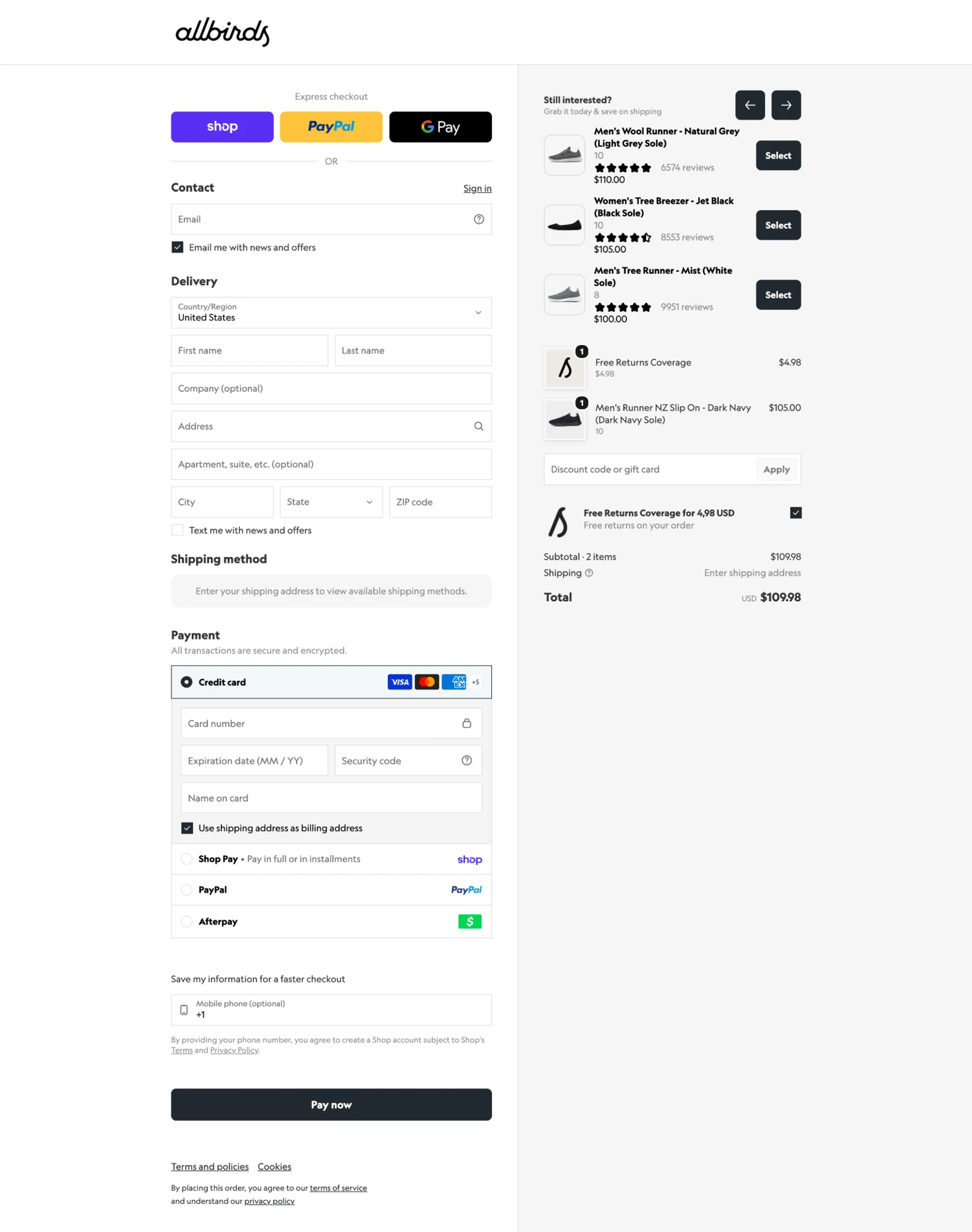 Allbirds one-page checkout with express payment buttons, address search and optional fields marked as optional