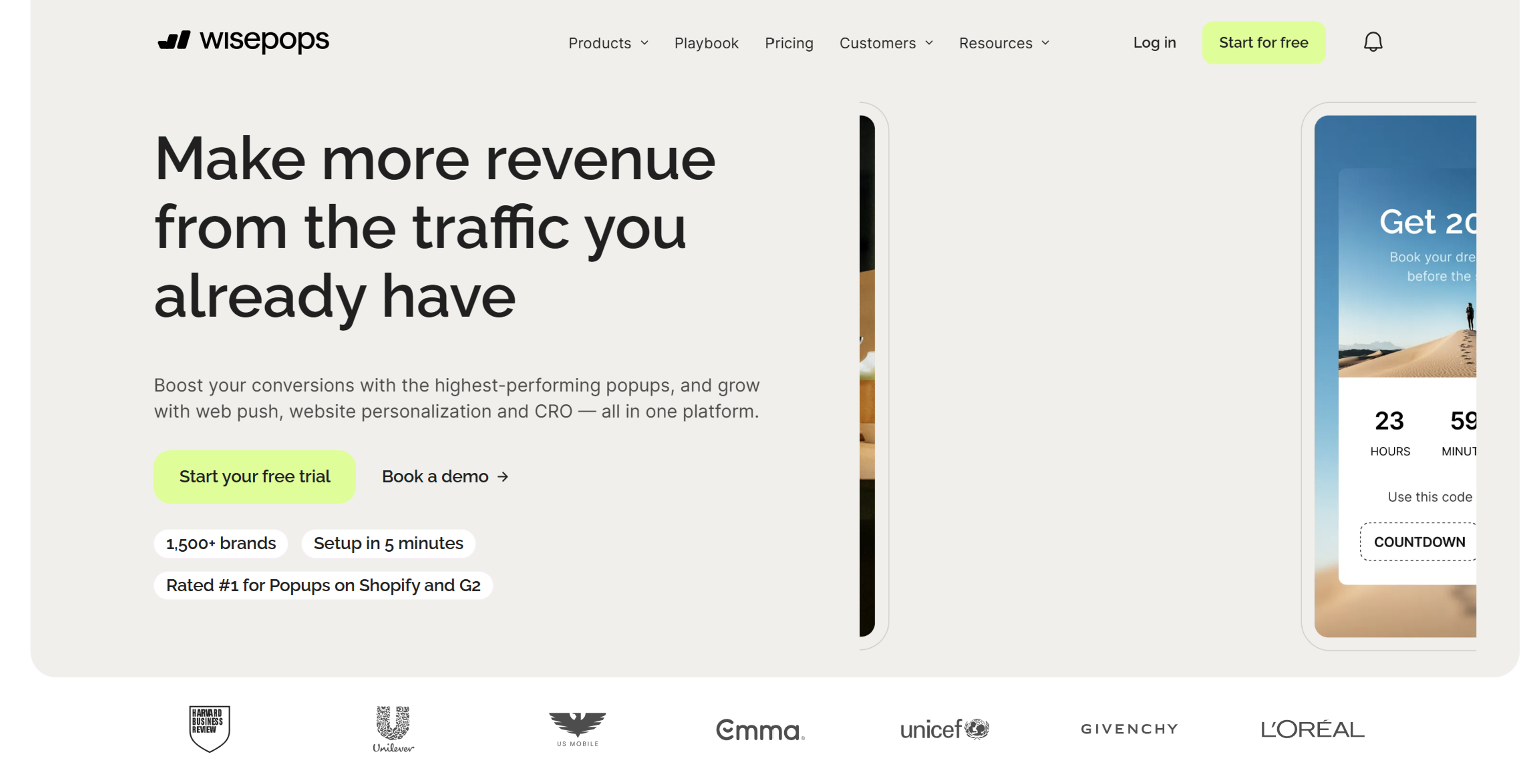 Wisepops hero section. Wisepops is one of the best popup tools for Shopify stores.