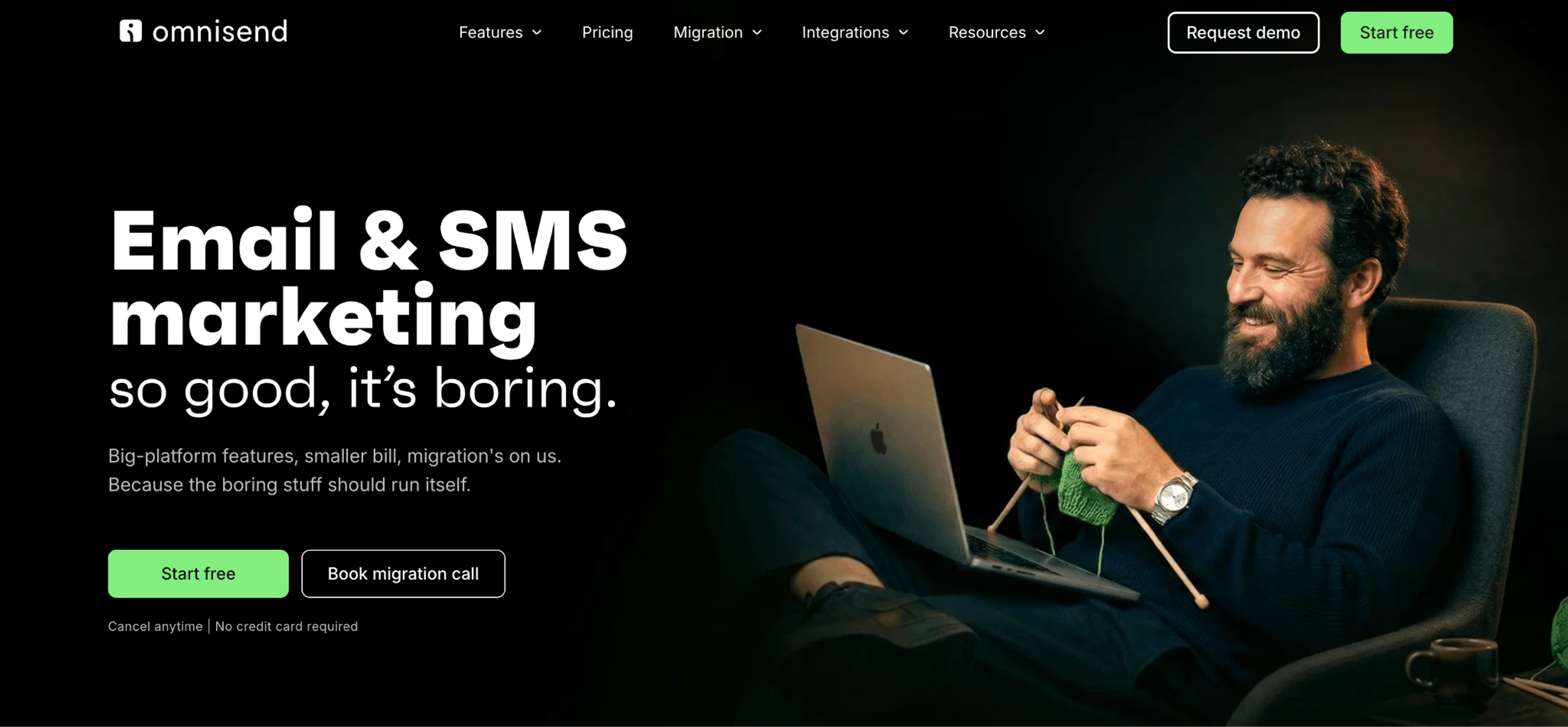 Omnisend homepage for email and SMS marketing with a Start free button