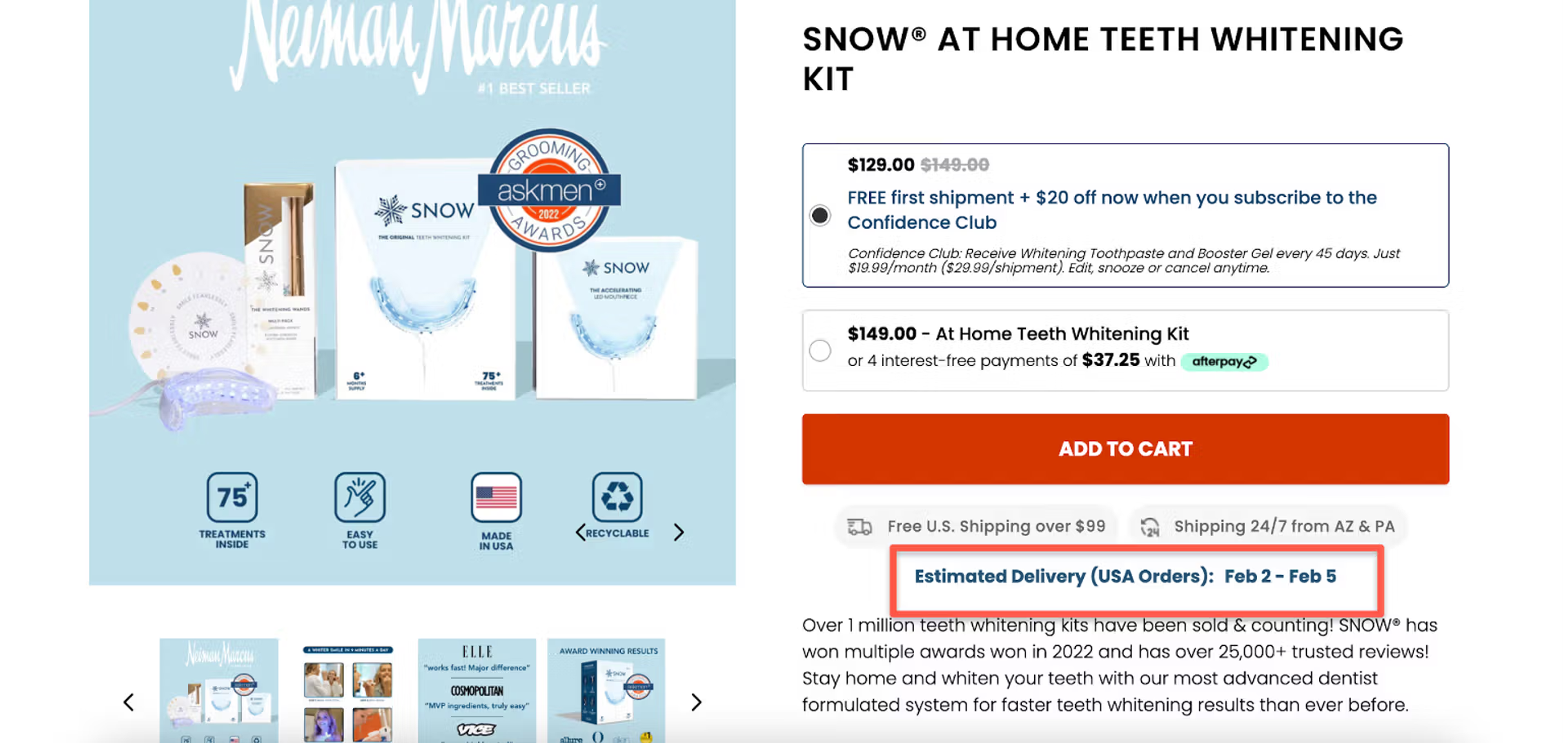 Snow product page with an estimated delivery date range under the Add to cart button