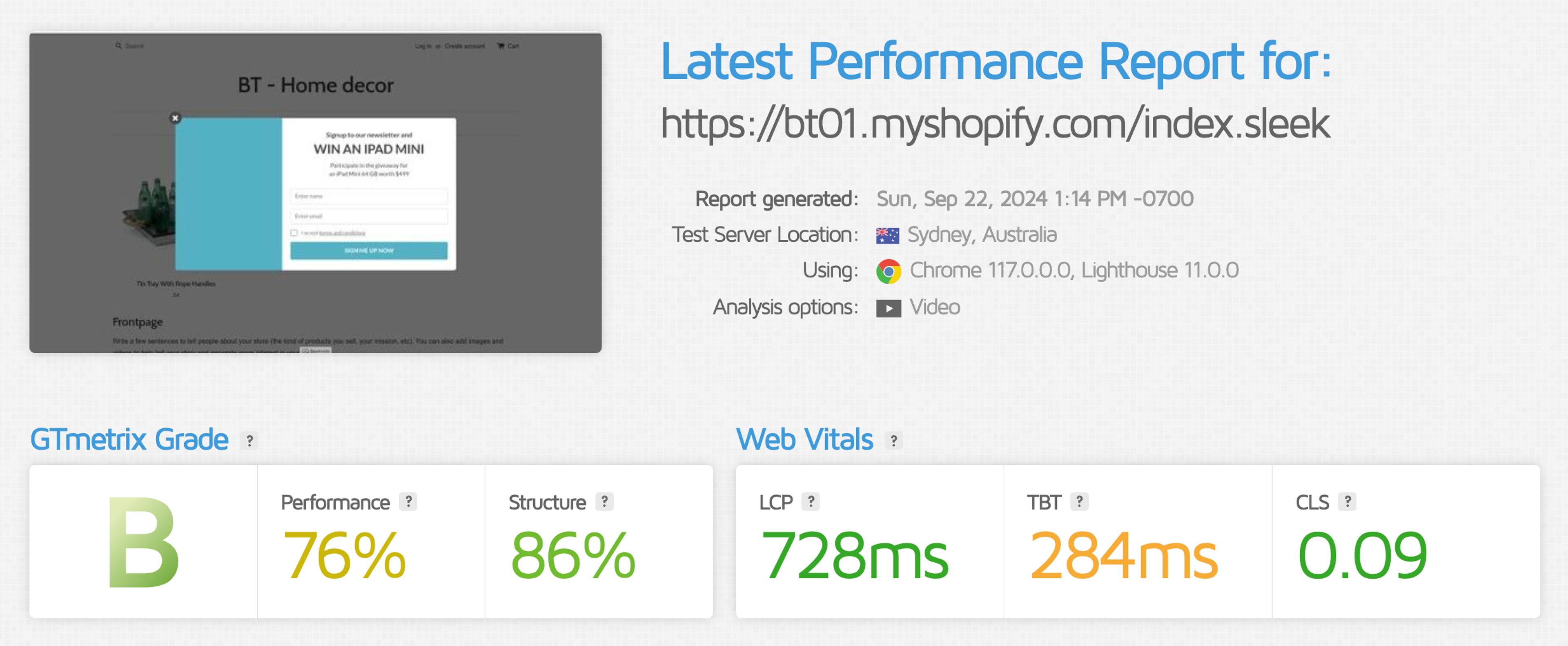 Sleeknote GTMetrix page speed results