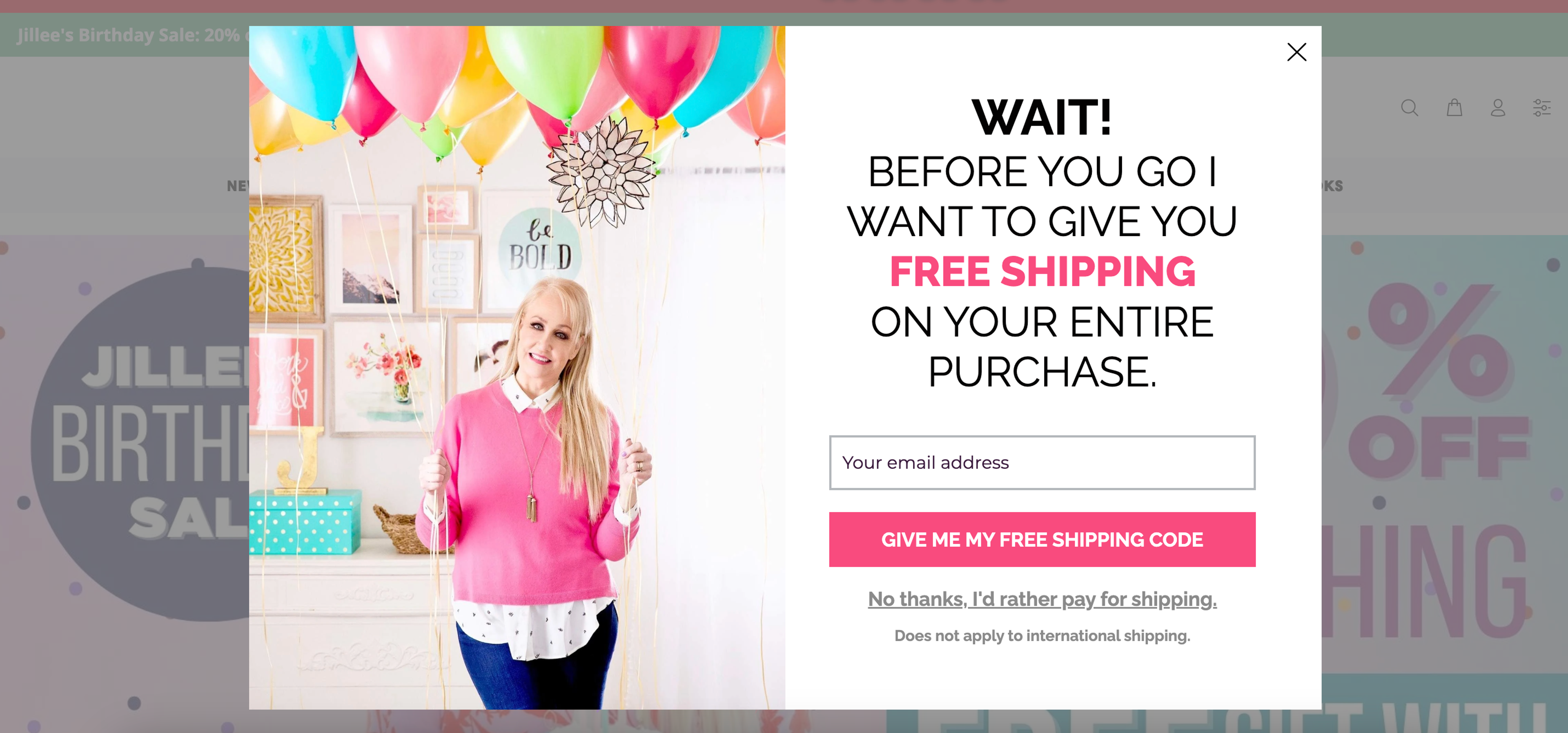 By Jillee's Shop popup has a free shipping offer with persuasive copy for visitors considering opting out.