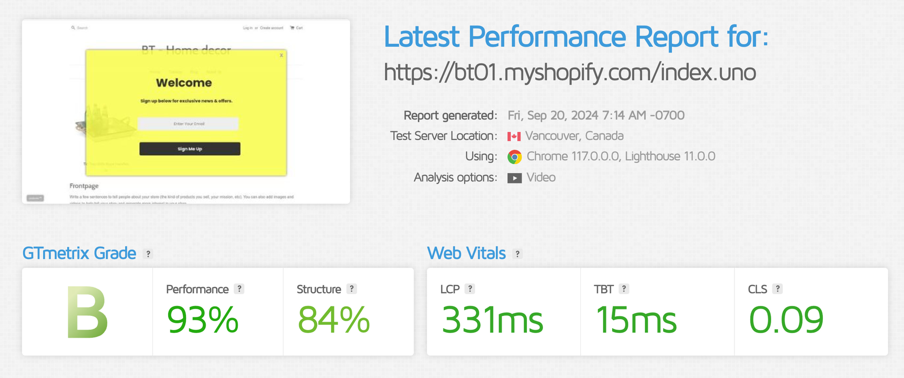 Justuno GTMetrix page speed results