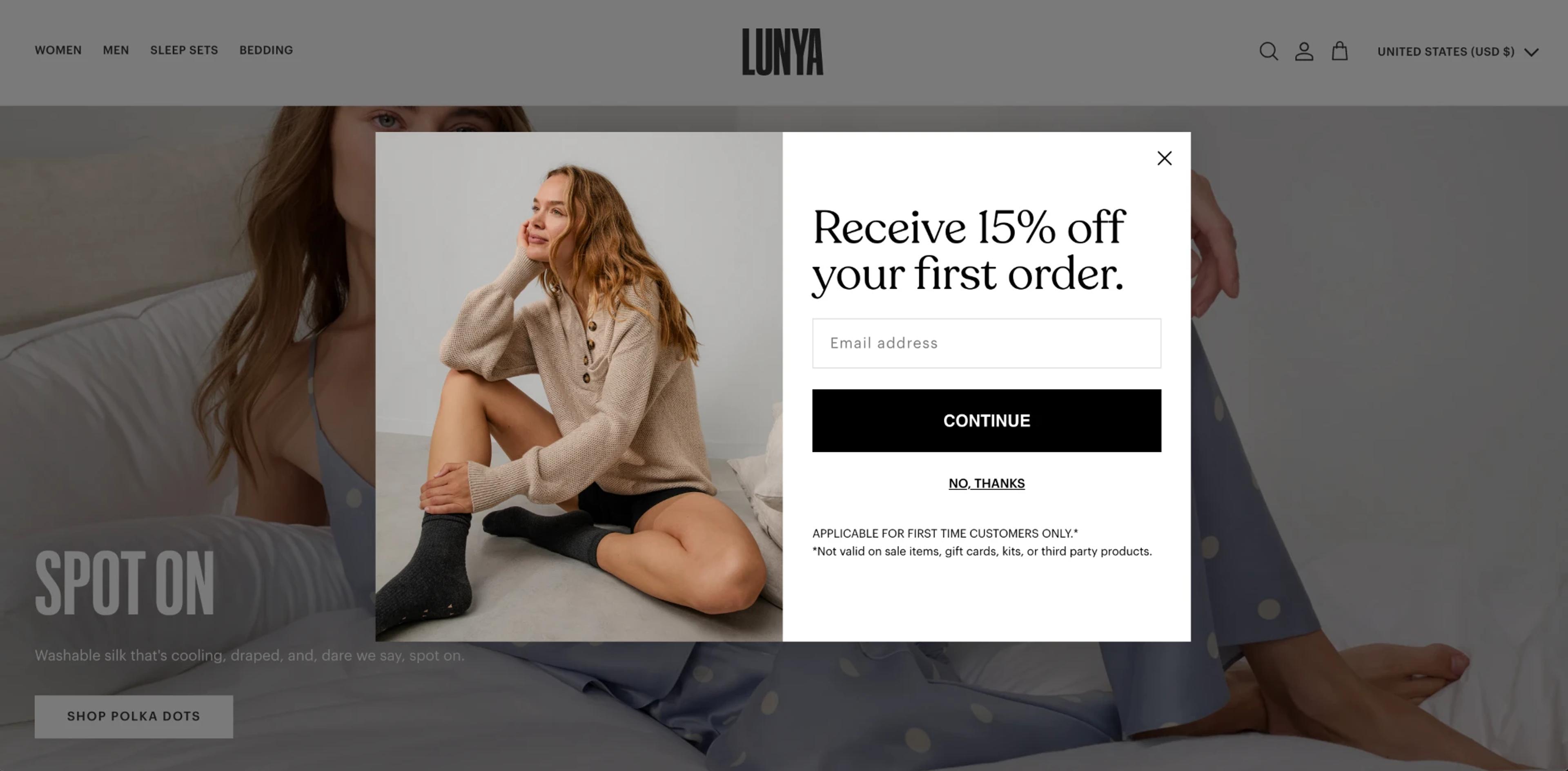 Lunya signup popup offering 15% off the first order, for first-time customers only