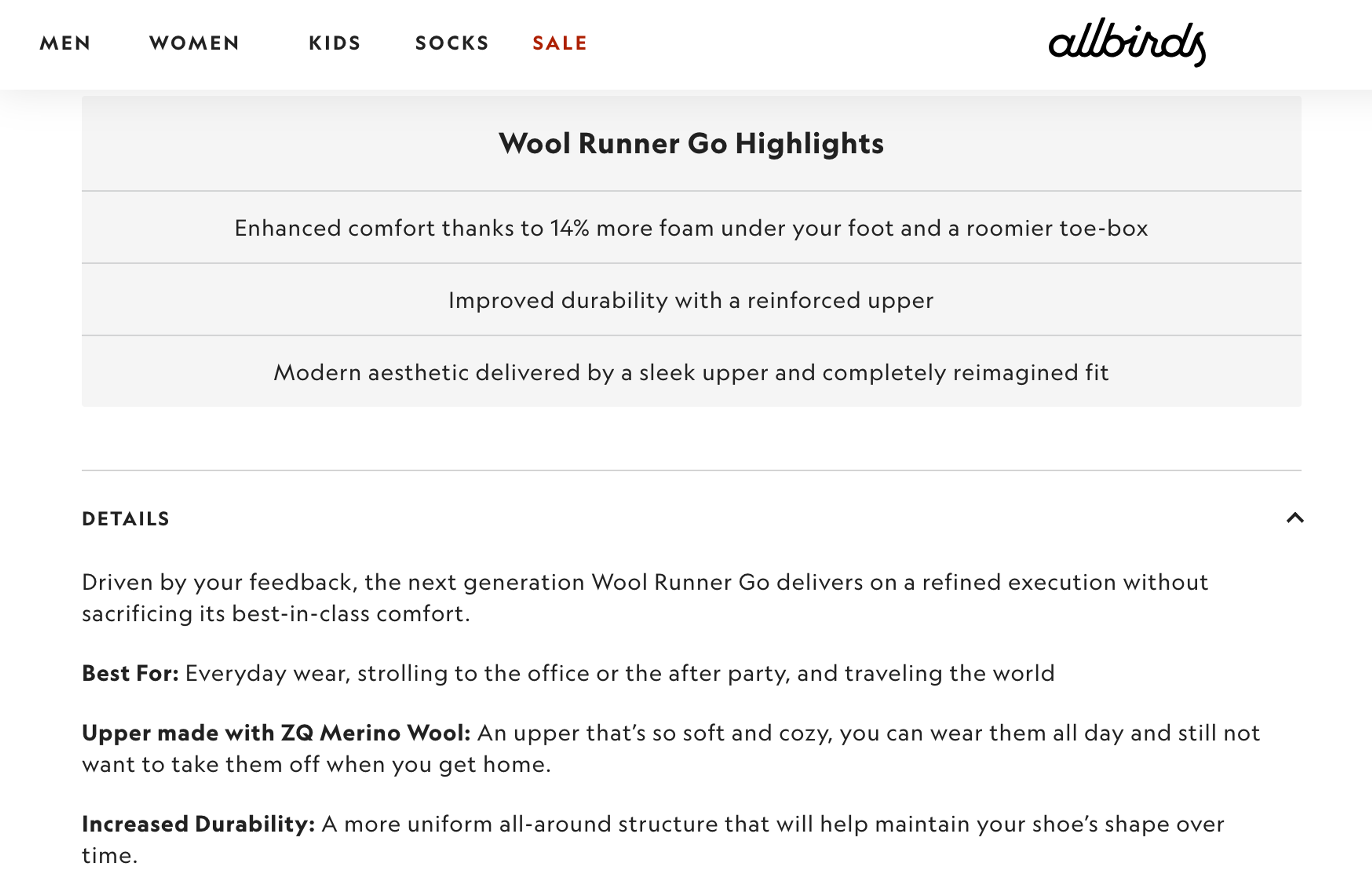 Ecommerce copywriting example from Allbirds product descriptions