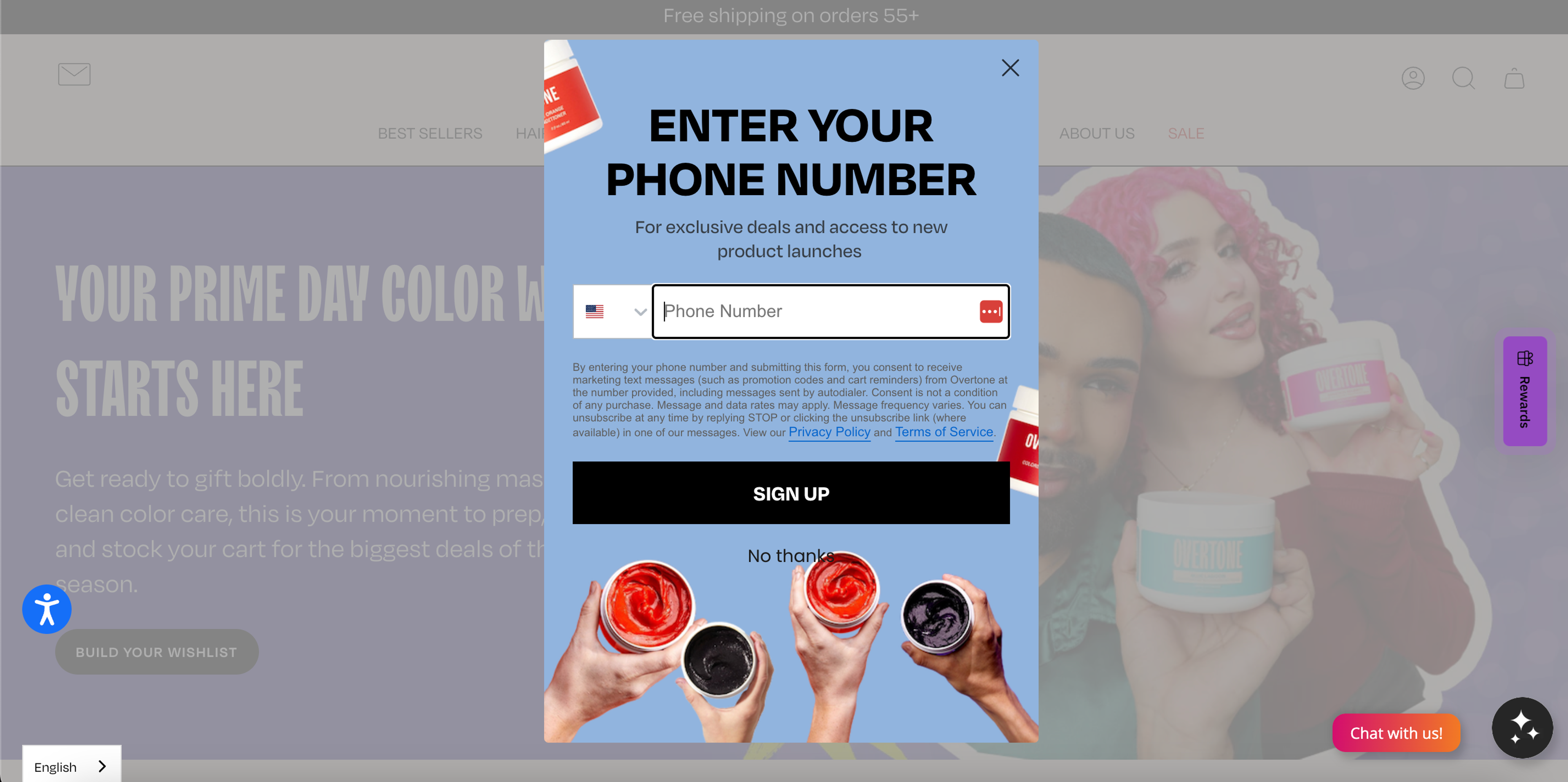 Overtone popup also asks for phone number